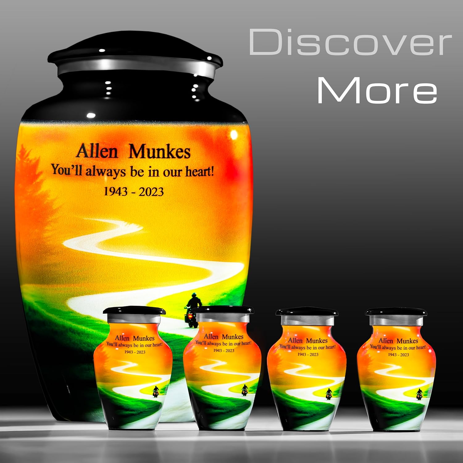 Personalized Motorcycle Urn for Human Ashes - Made in U.S.A, Aluminum, Black, Motorcycle Pattern, Large Decorative Urn