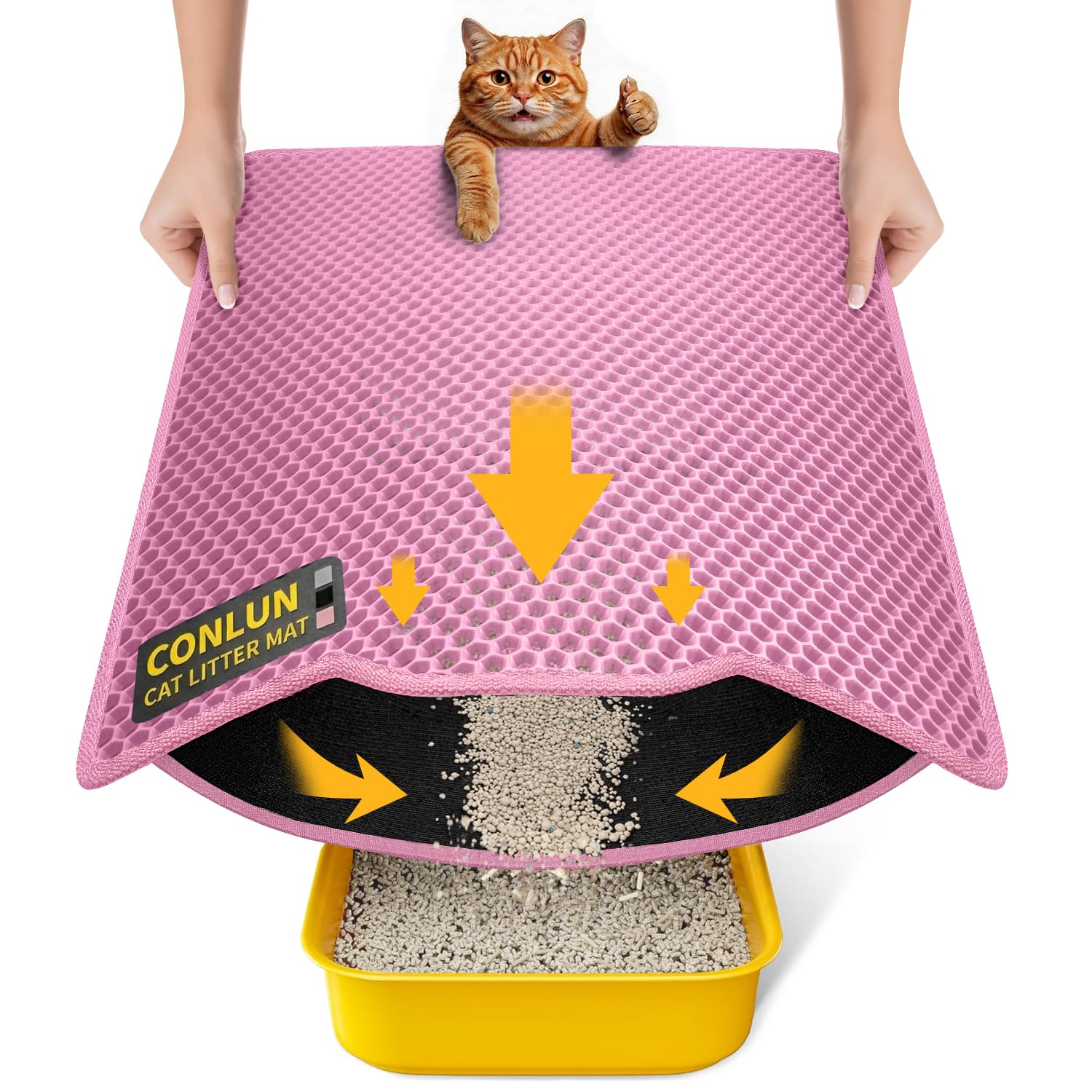 Conlun Cat Litter Mat, 60x46cm Honeycomb Double Layer Urine & Waterproof Litter Trapping Mat, Easy to Clean, Non-Slip Cat Waste Tray Matt for Floor, Pink