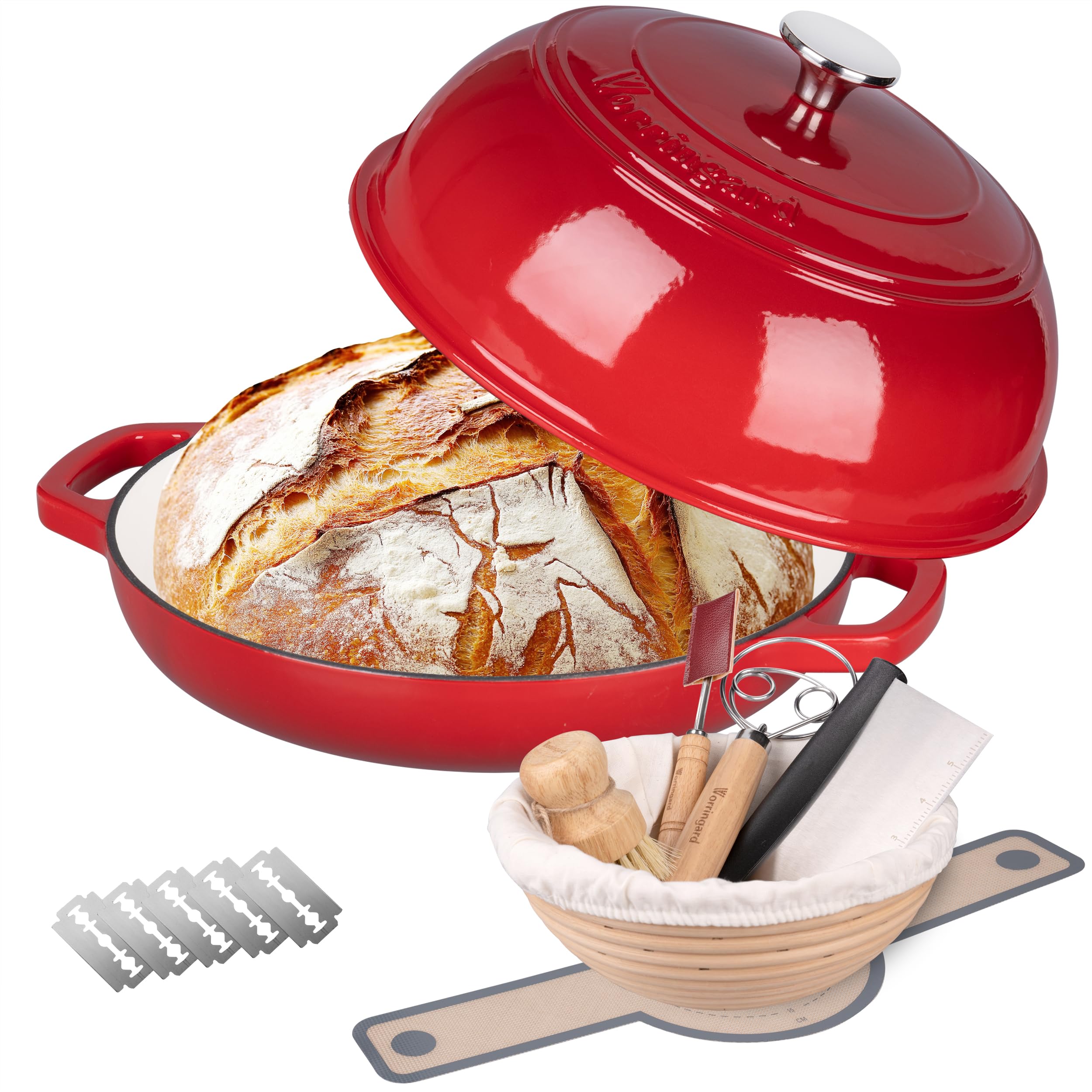 VORRINGARD Olla holandesa de hierro fundido con tapa para hornear pan, incluye suministros para hornear pan de masa madre como cesta de prueba de pan Banneton, horno de pan de 6 cuartos de galón, rojo