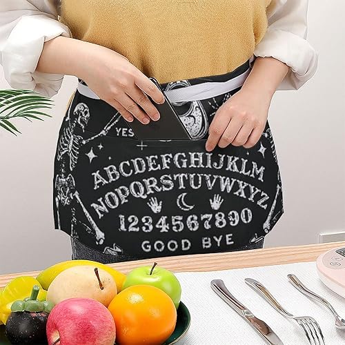 Miniatura 3 de Black Gothic Skeleton Magic Witch Ouija Board Waist Half Delantal divertido delantal de camarera con bolsillos y correa de cintura larga