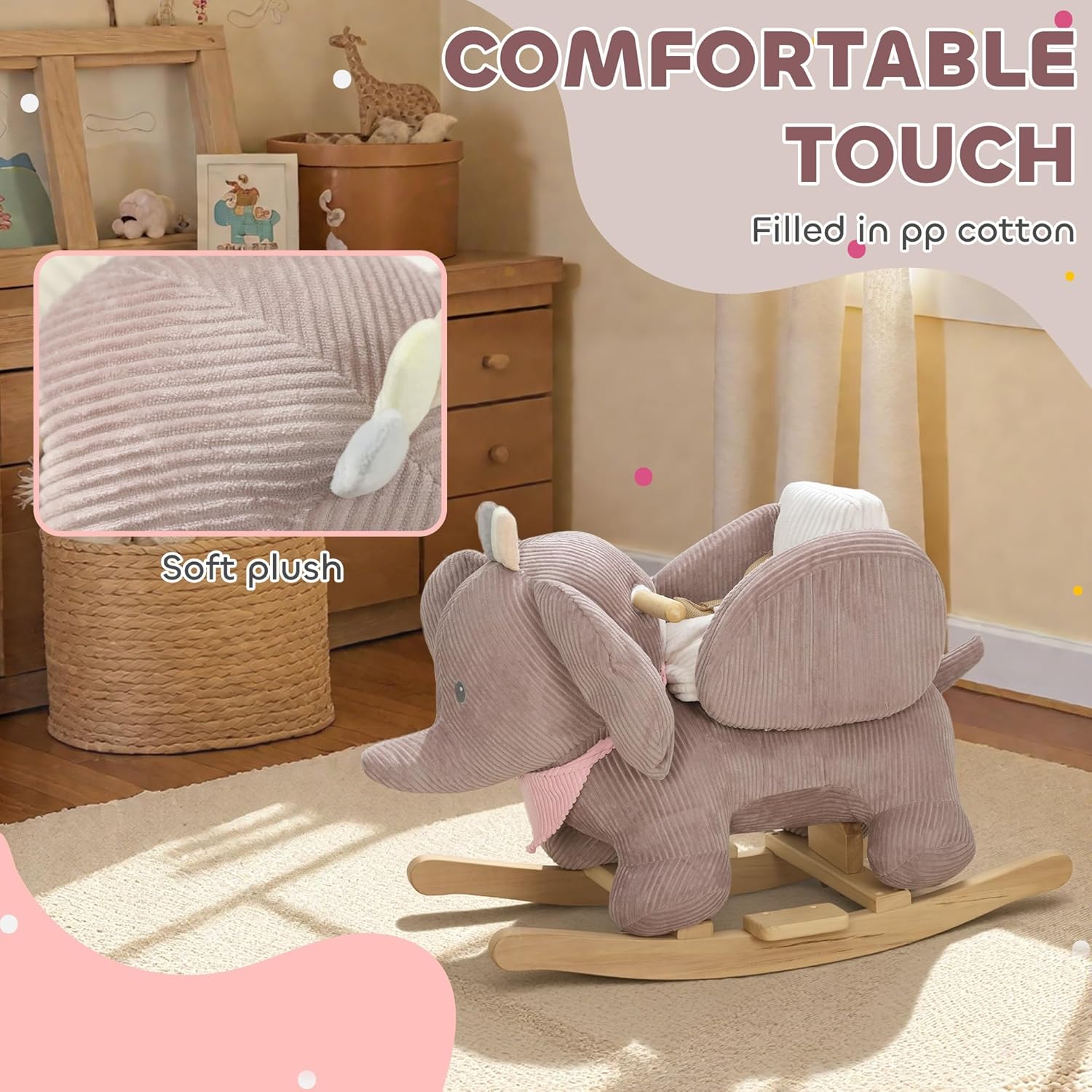 Qaba Elephant Baby Rocking Horse, Plush Stuffed Animal Rocker with Realistic Elephant Sound and Safety Belt, Kids Ride on Rocking Horse for Toddlers 18–36 Months, Pink