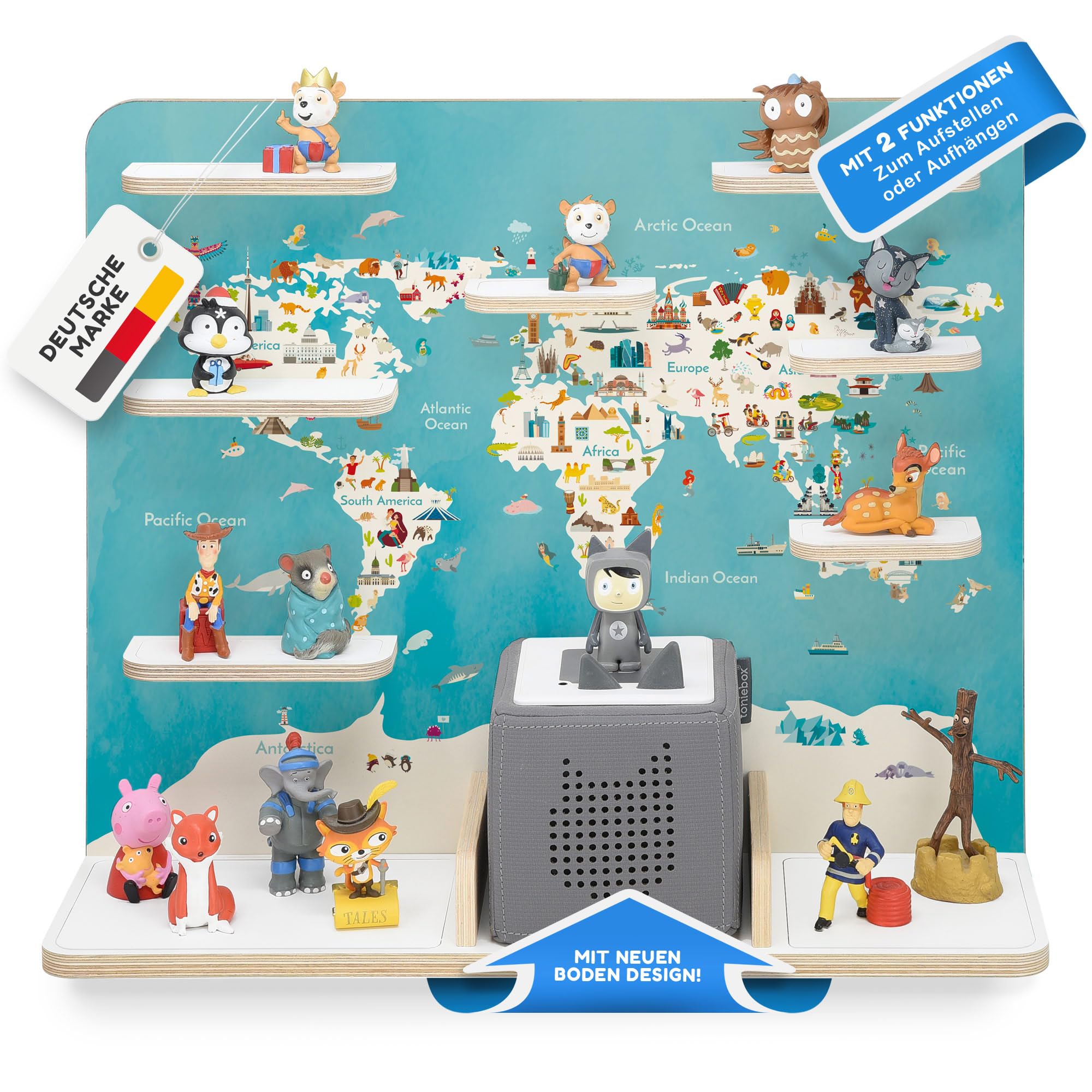 stadtecken Holzregal für Musikbox I Geeignet für die Toniebox und ca. 50 Tonies I Perfekte Tonie Aufbewahrung im Kinderzimmer I Zum Aufstellen oder Aufhängen I Globus, groß