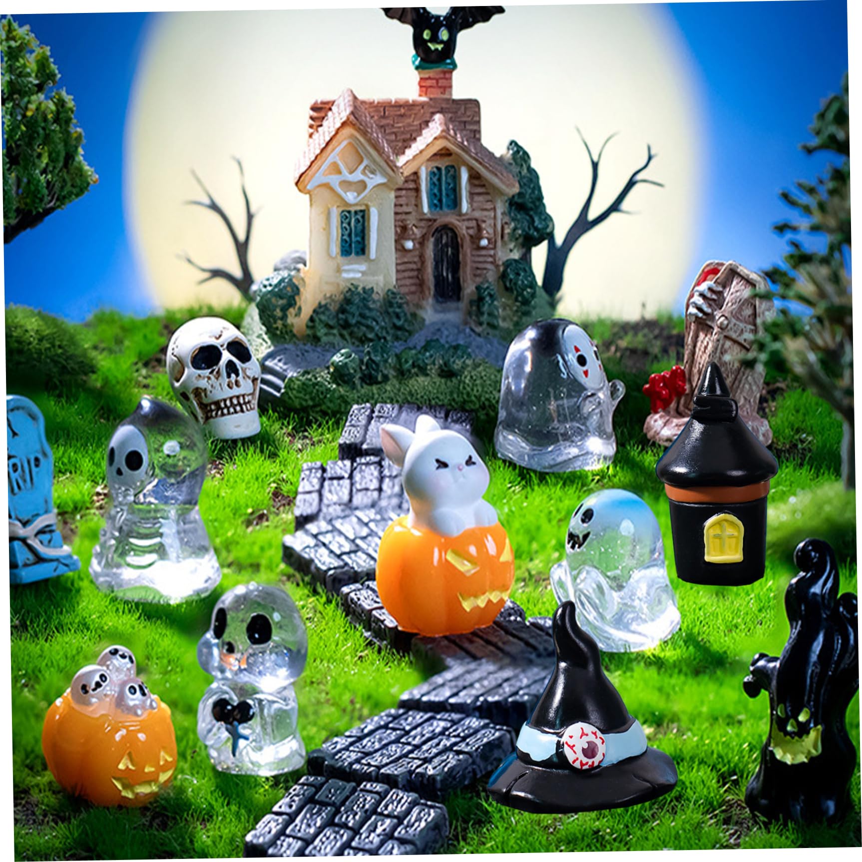 Lot 14 Figurines Halloween Miniatures - Fantômes, Têtes De Mort, Chauves-souris En Résine - Décoration Maison Poupée, Jardin Féérique, Fête