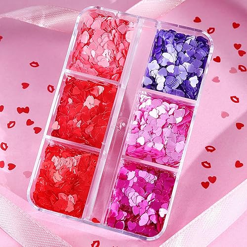 Miniatura 3 de 6 rejillas de San Valentín 3D corazón purpurina lentejuelas rosa corazón rojo purpurina copos corazones arte uñas purpurina purpurina diseños de