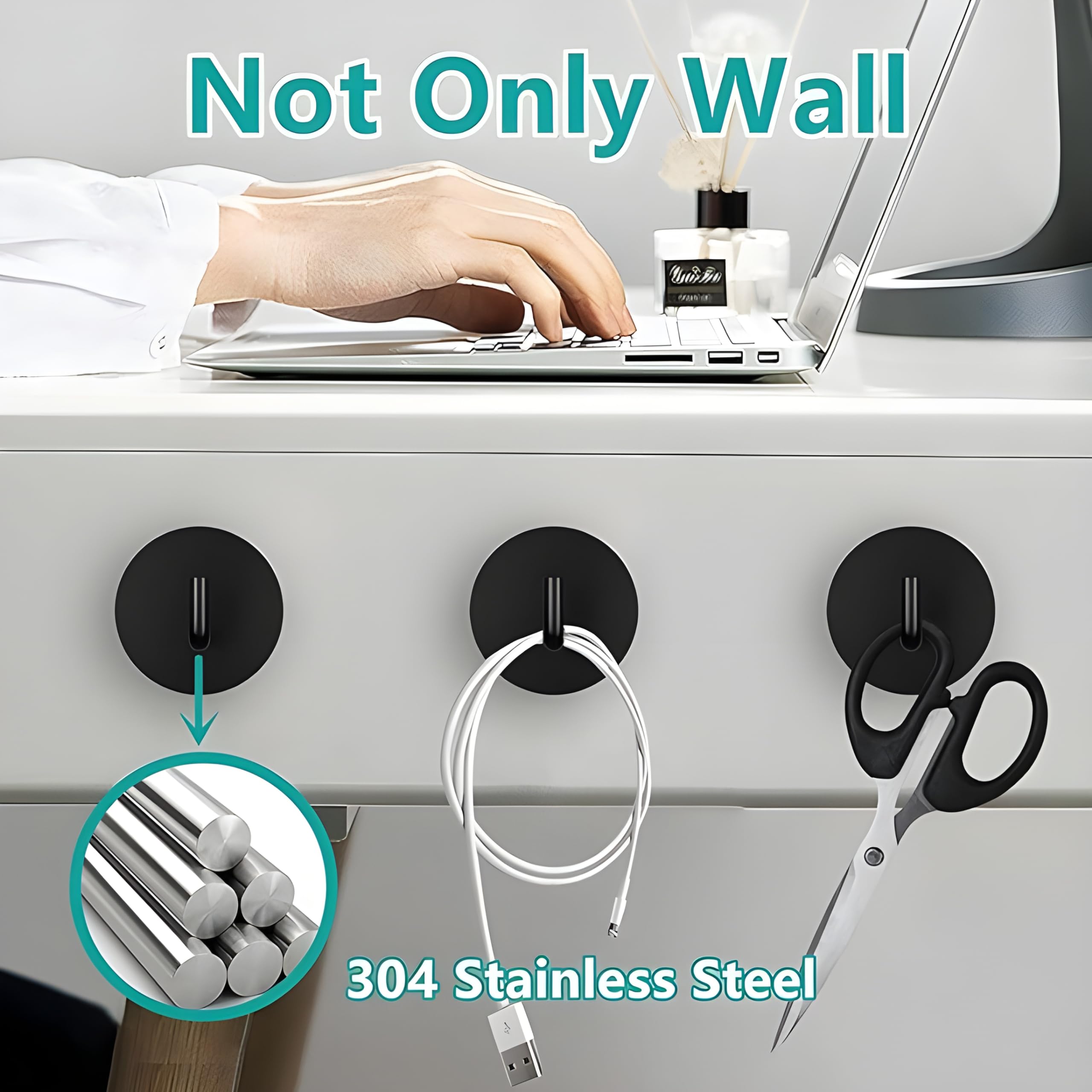 JIALTO 4 pcs Self-Adhesive Stainless Steel Hooks: Heavy-Duty Wall Hangings, Waterproof & Drill-Free - Strong Towel, Coat, and Kitchen Hooks for Bathroom and Kitchen (J Round Black) 2