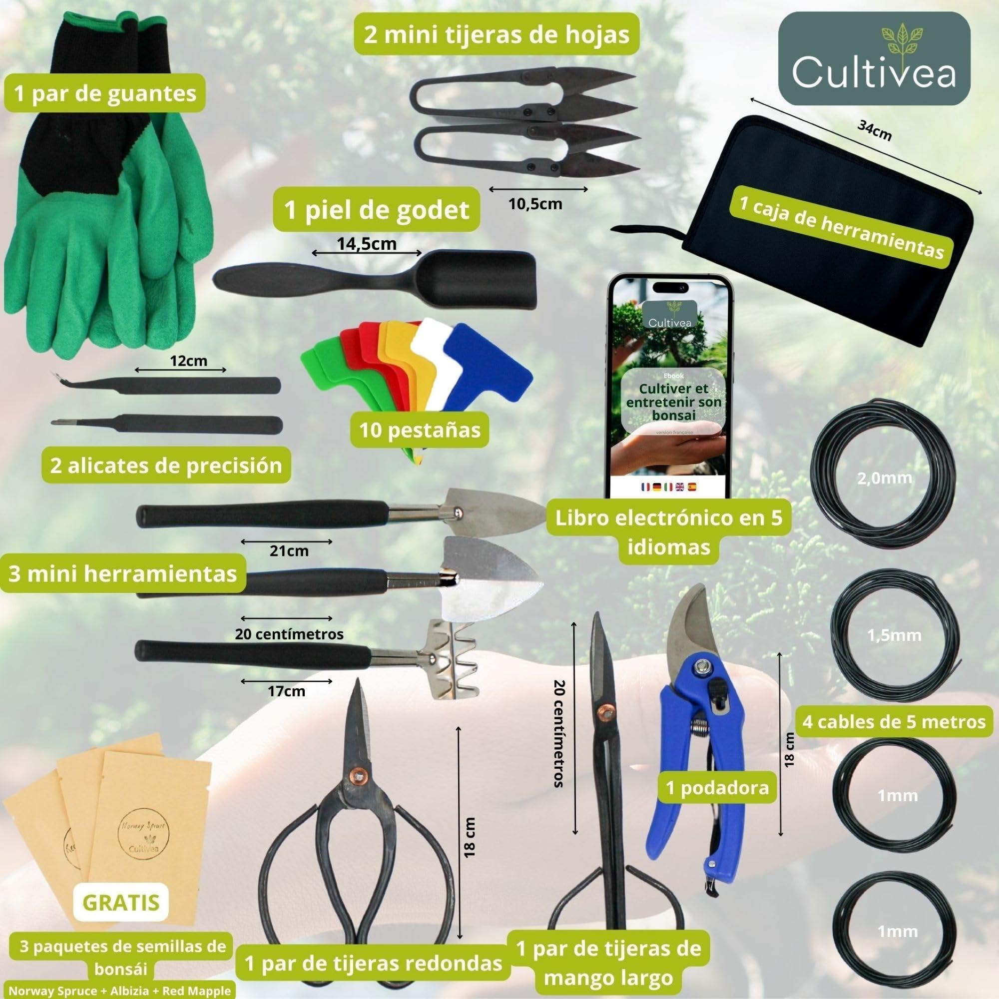 Cultivea® Juego de 32 Herramientas Completas para bonsái - Herramientas de Acero - Jardín - Tijeras para bonsái y Cuidado de Plantas - Tijeras - Alicates - Poda de bonsái - Alambre de Aluminio