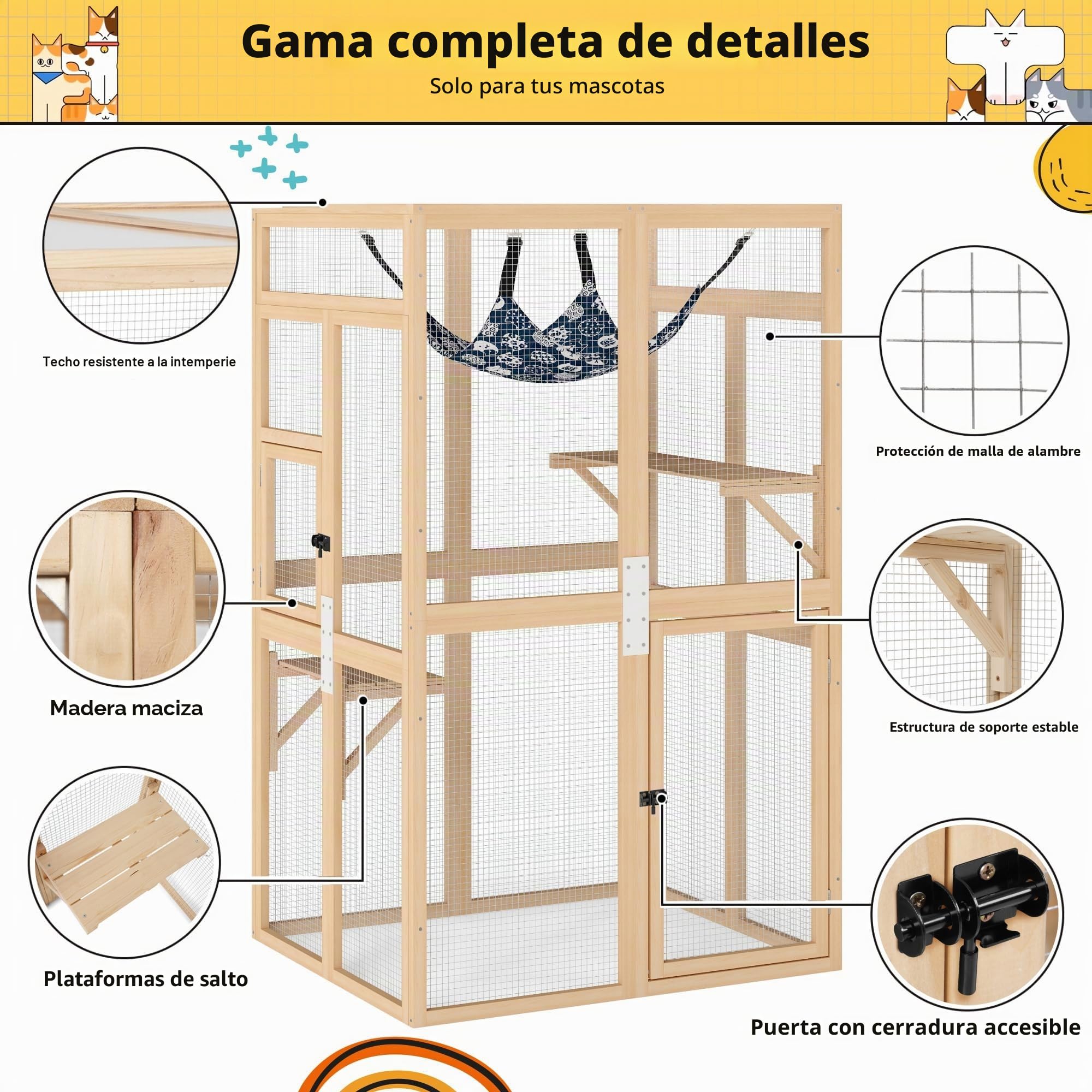 Recinto para gatos de 100 × 85 × 162 cm, resistente a la intemperie, para exteriores, casa para gatos Catio para balcón y jardín, recinto de madera con toldo, 3 niveles y hamaca