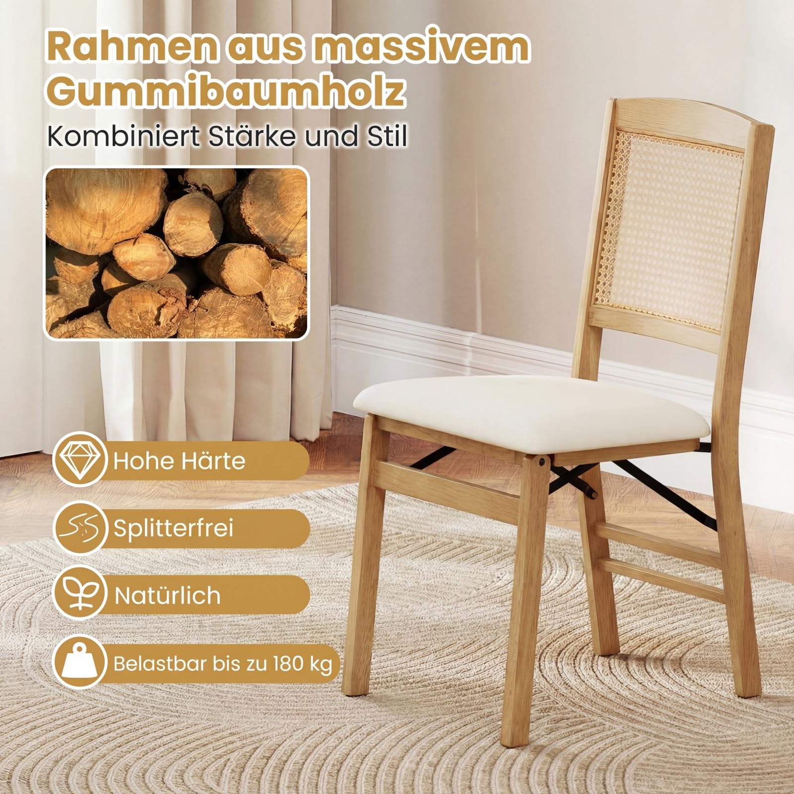 COSTWAY Klappstühle 2er Set, Rattan Esszimmerstühle mit gepolsterten Sitzen & Massivholzrahmen, Küchenstühle klappbar, armlose Polsterstühle bis 180 kg belastbar, für Esszimmer, Küche, Wohnzimmer