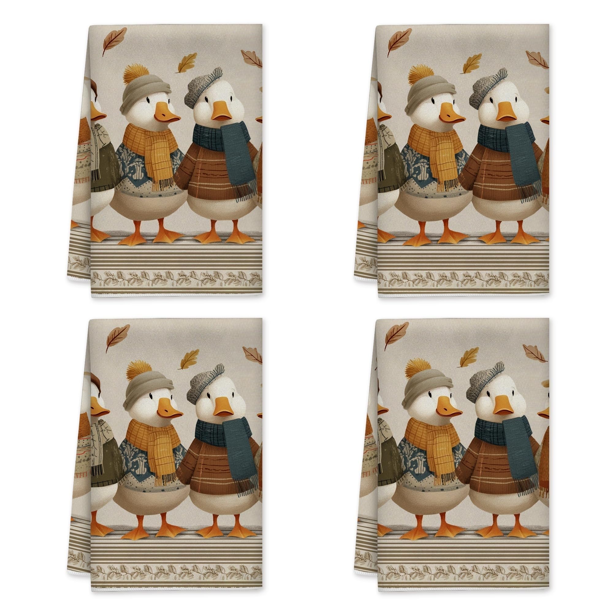 Autumn Duck Pattern Kitchen Towels Set of 4,Fanciful Rustic Seasonal Theme Illustrative Design Warm Beige Absorbent Tea Towels Kitchen Essentials 16x24 Inch (4PCS)