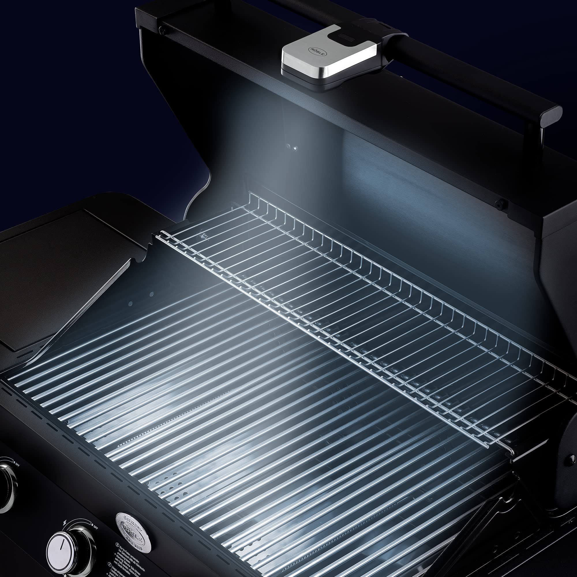 RÖSLE - Luz LED universal para el tirador de la barbacoa, de gran calidad, para iluminar barbacoas de carbón y gas por la noche, dos niveles de claridad, colocación sencilla, 200 lúmenes