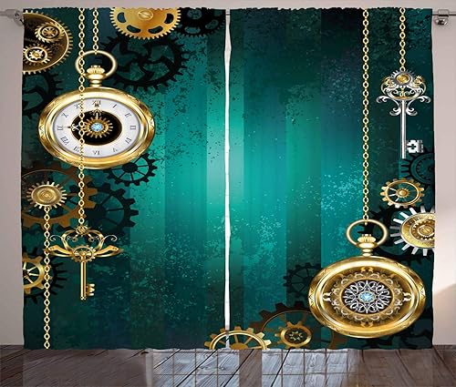 Vista 129 de Ambesonne Cortinas grises y aguamarina, universo tradicional degradado con arte tribal geométrico de mandala, cortinas de ventana para sala de Aqua