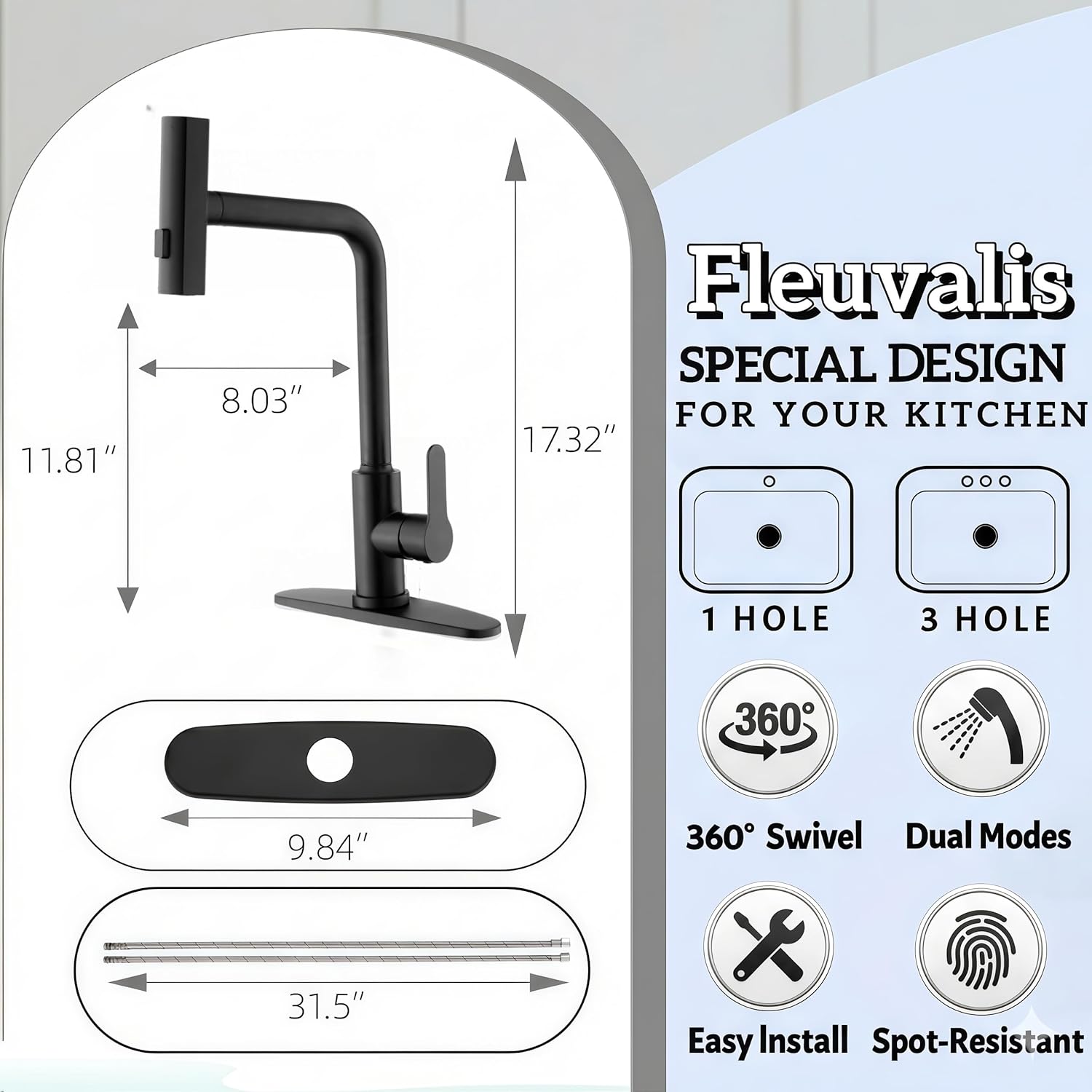 Kitchen Faucet with 3-Function Pull Down Sprayer,Stainless Steel Sink Faucet 1 or 3 Hole,Pull Out Kitchen Faucet,Suitable for Modern Style Homes Camper Rv Bar (Matte Black)