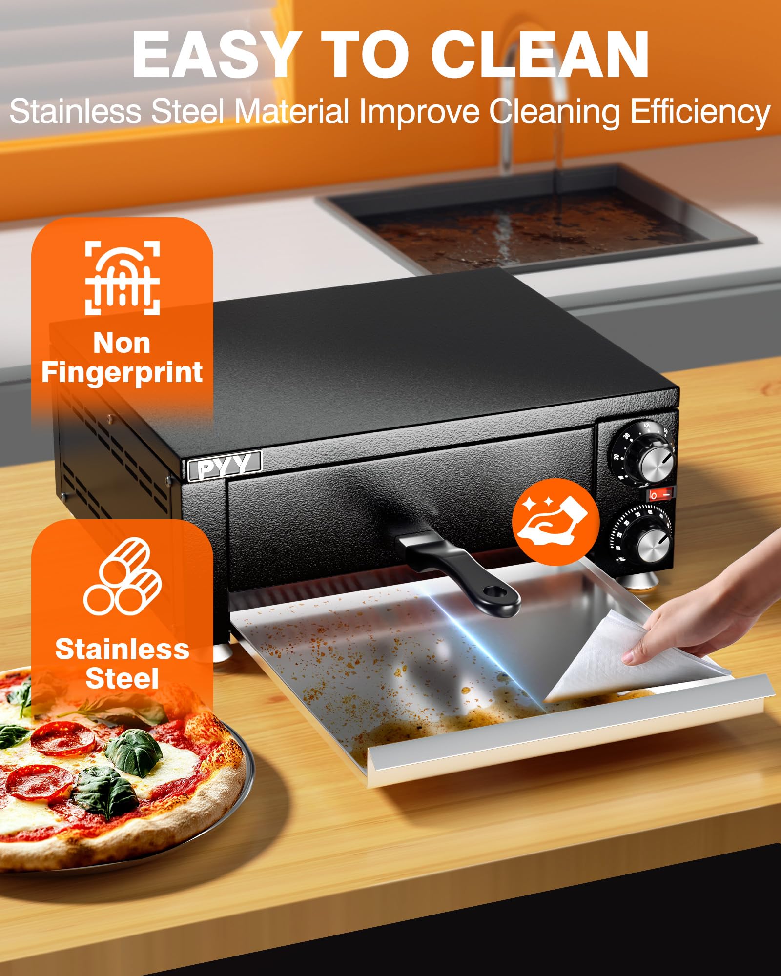PYY - Forno per pizza elettrico interno e piano di lavoro, macchina per pizza domestica commerciale, con timer, acciaio inossidabile, nero scuro