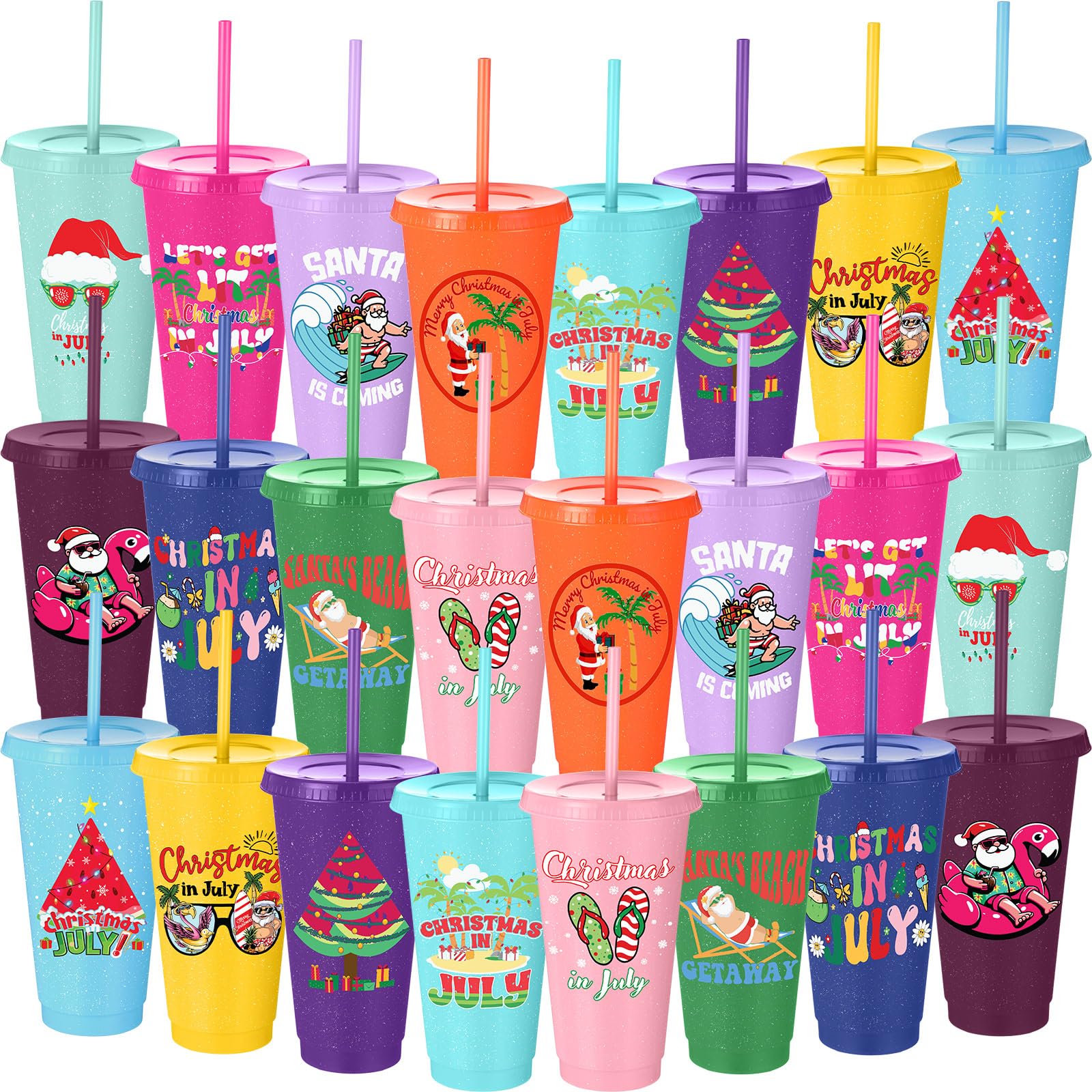 CHENGU Lot de 24 gobelets tropicaux réutilisables en plastique avec couvercles et pailles en vrac, 710 ml, à paillettes pour Noël, l'été, les vacances, les fêtes, le bureau