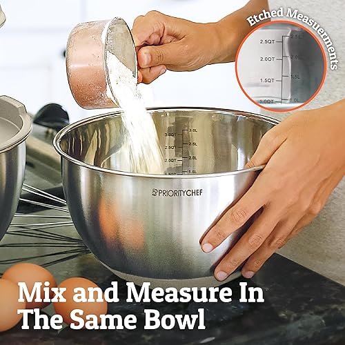 Miniatura 24 de PriorityChef Juego de 5 recipientes para mezclar con tapa, gran capacidad de 5 qt, de acero inoxidable, parte inferior de silicona antideslizante