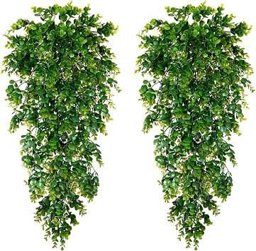 Hrobek Fake Hanging Plants, 2pcs Lifelike Artificial Eucalyptus Greenery for Spring Summer Decoration, Faux Vine Plant for Wall Shelf Home Office Patio Indoor Outdoor Decor