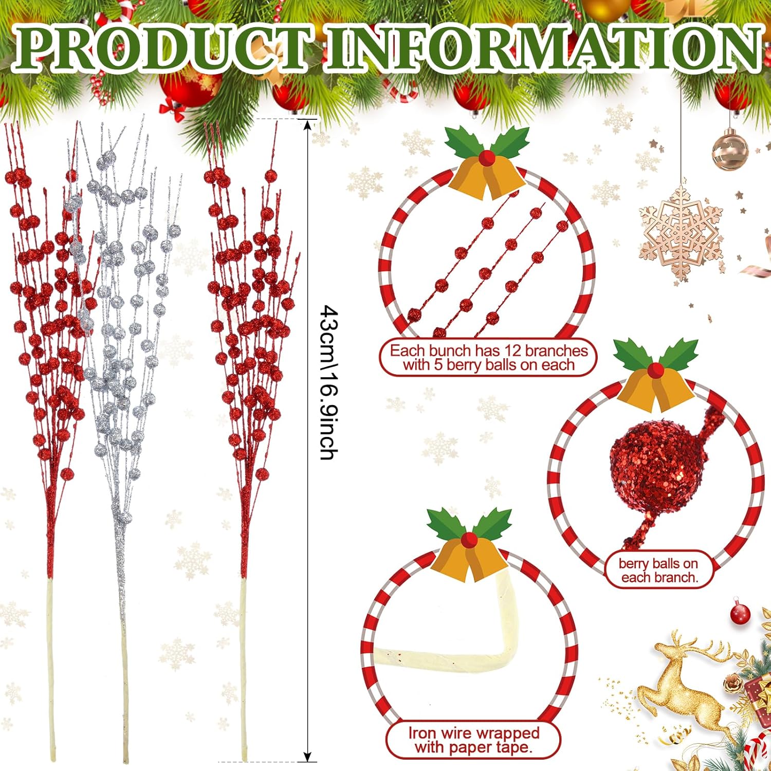 Wavyknot 36 Bundles Valentines Decoration Valentines Day Floral Picks Tree Decorations Berry Stem Ornaments 16.9'' Fake Tree Picks Artificial Stems for DIY Wedding Red, Silver