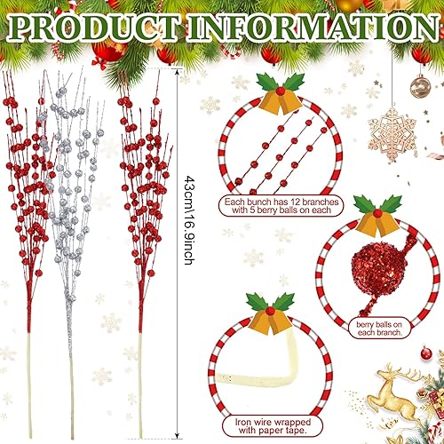 Miniatura 2 de 36 paquetes de adornos de tallo de bayas de Navidad de 16.9 pulgadas, tallos de Navidad artificiales decorativos con purpurina para jarrón de árbol