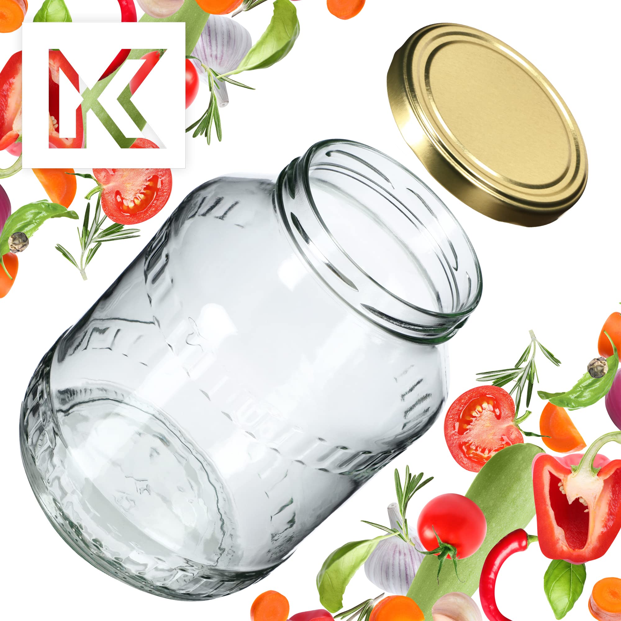 KADAX Tarros de cristal de 2,5 L, para conservas, fi100 mm, tarros de conserva, tarros de pepino, tarros redondos, tarros de conservas (12 unidades, tapas doradas)