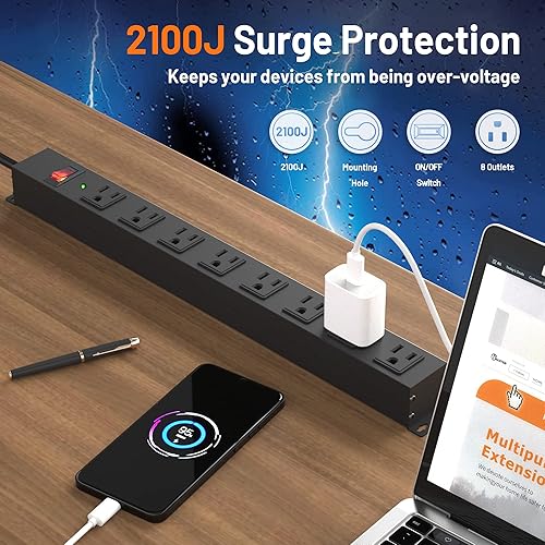 Miniatura 2 de Regleta de alimentación de 8 tomas de corriente de 10 pies de largo, tira de alimentación industrial resistente de metal con amplio espaciado, con