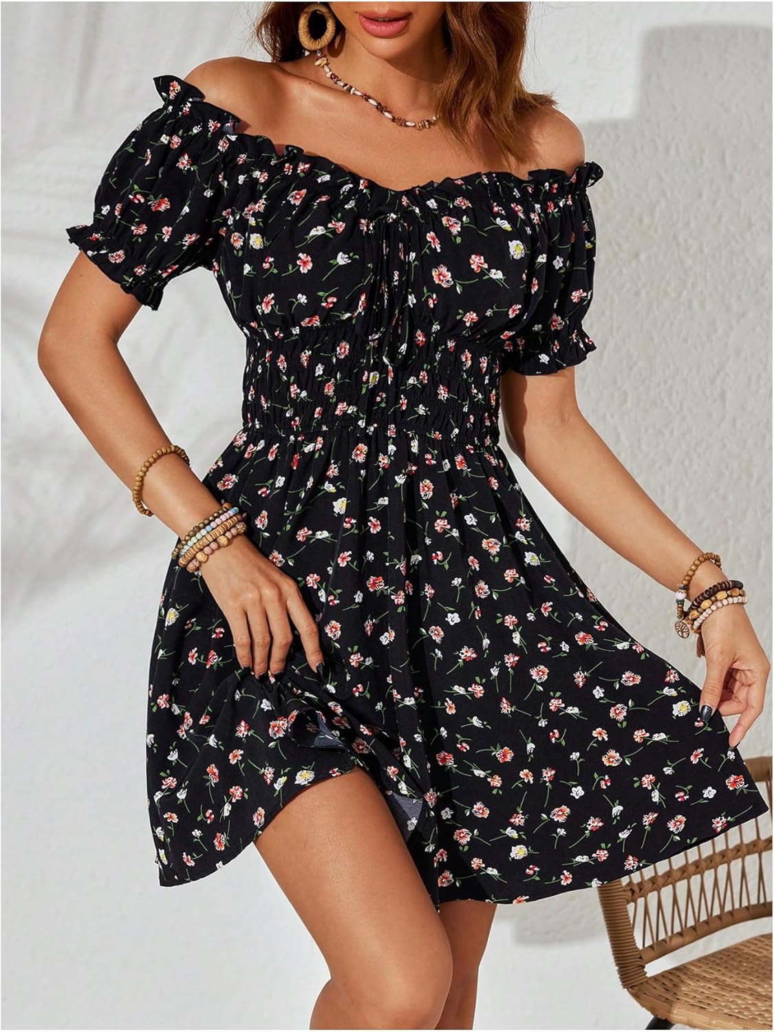 Milumia Women's Floral Off Shoulder Puff Sleeve Short Dress Boho Frill Trim A Line Mini Dresses - Image 2