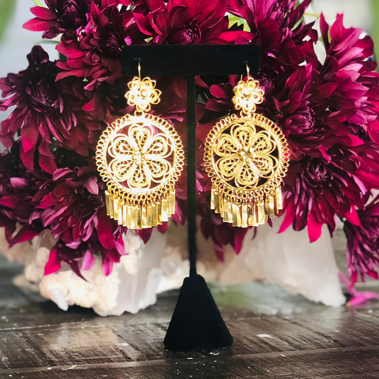 Folklorico Dance Traditional Mexican Gold Filigree Earrings, Full Flower Earrings, Day of the Dead