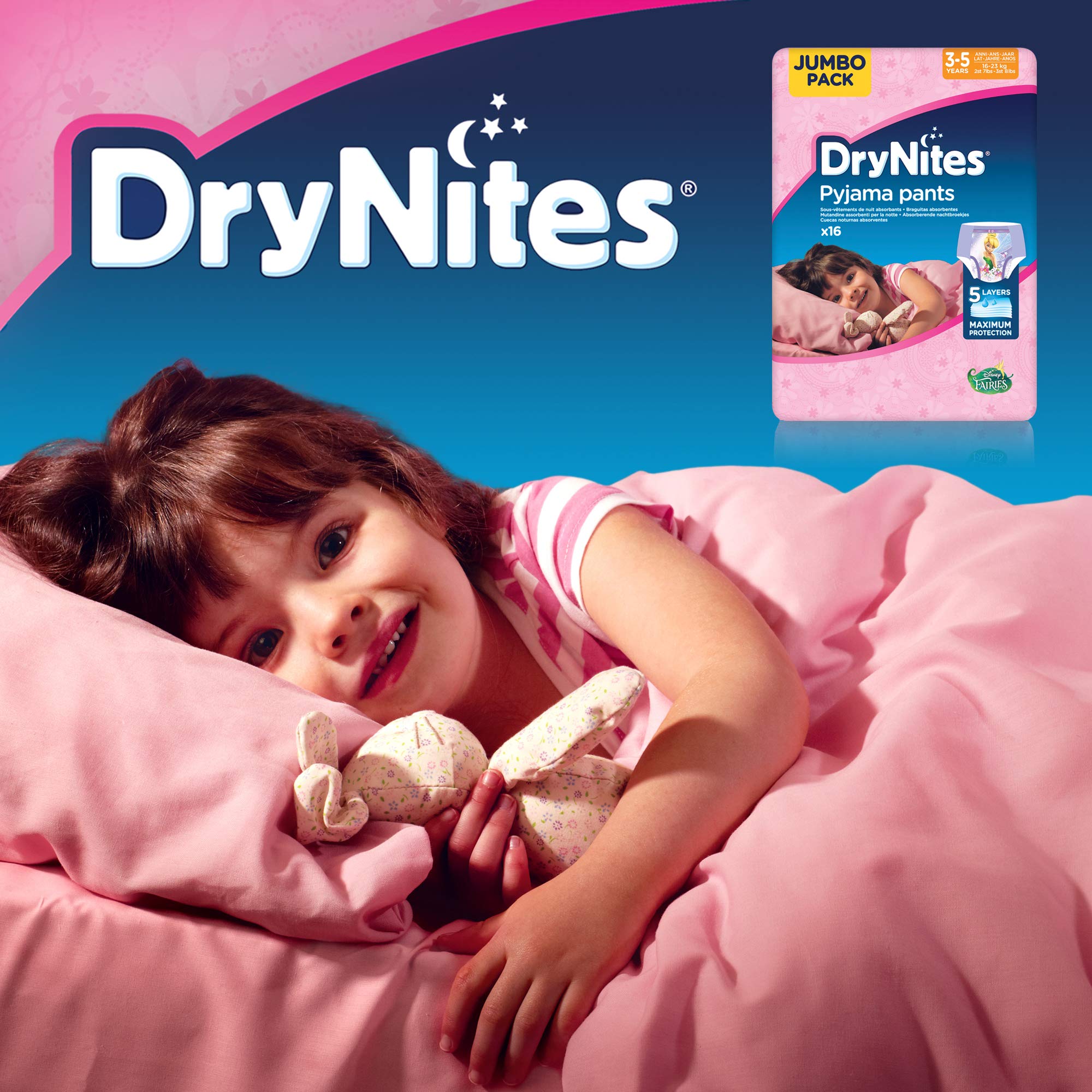 Huggies DryNites pieluchy nocne o wysokiej absorpcji, dla dziewczynek w wieku 3-5 lat, 4 x 16 sztuk (łącznie 64 sztuki), opakowanie miesięczne pieluchy