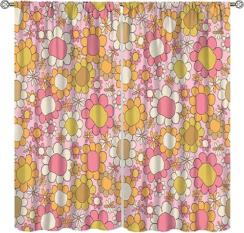 Miniatura 19 de Cortinas con diseño floral, estilo retro campestre de los años 70 y 1960, hippie y bohemio, con flores modernas, para cocina, dormitorio, hogar,
