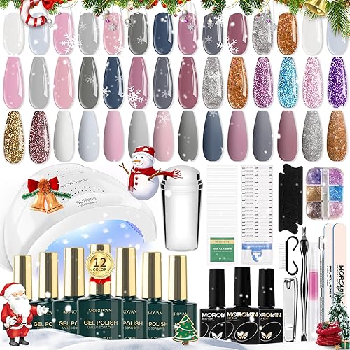 Morovan Kit de esmalte de uñas de gel Juego de esmaltes de uñas de gel de 12 colores con luz U VLED, color nude, rosa, azul, neblina, decoración de