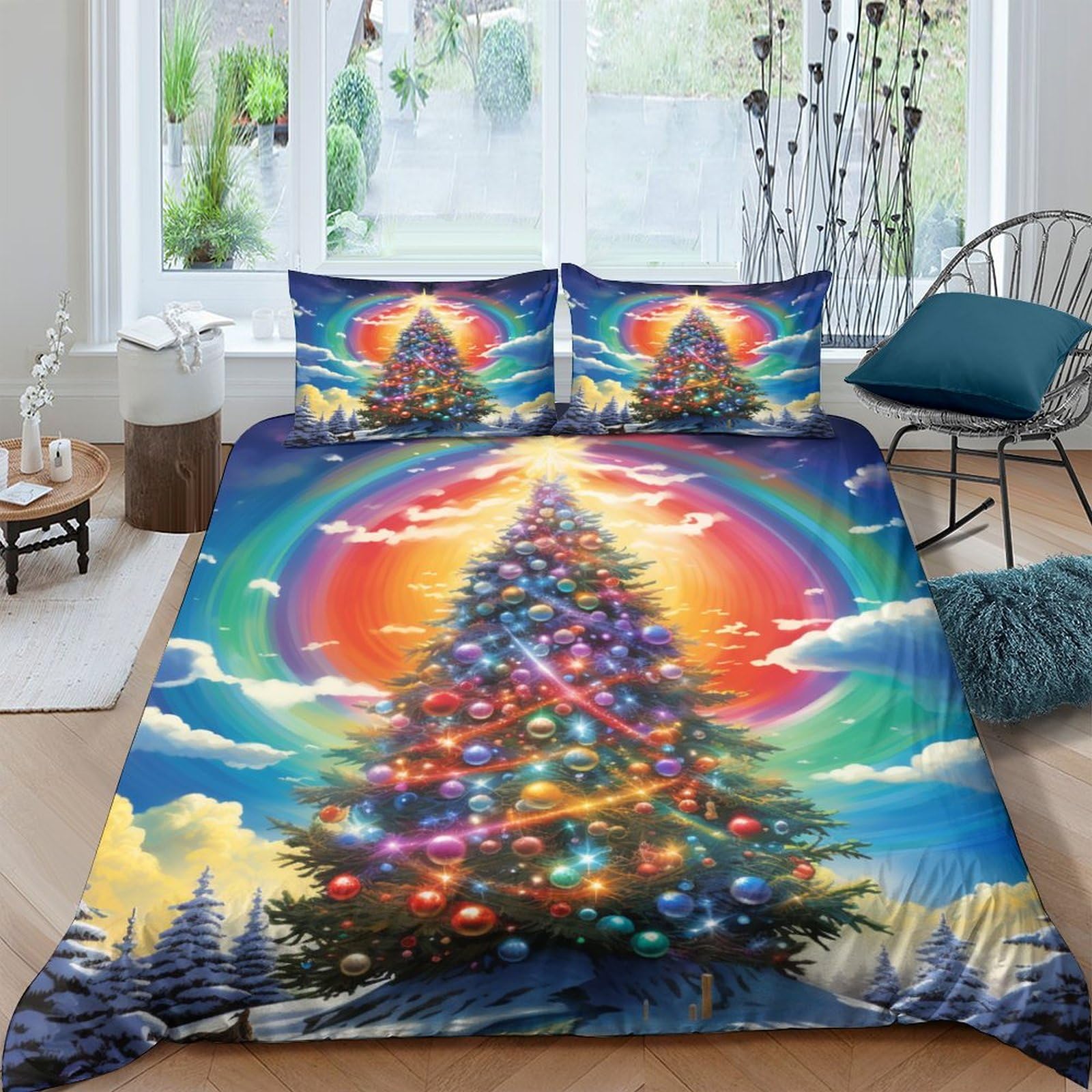 Sapin de Noël housses de couettes 3D imprimé arc-en-ciel multicolore microfibre lit 2 personnes