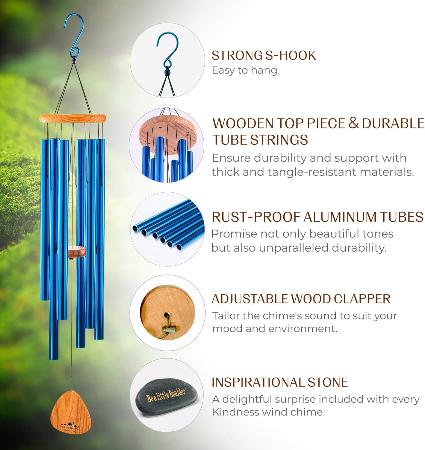 UpBlend XL Wind Chimes for Outside Gift – Deep Tone Wind Chime with Decorative Stone – Garden and Patio Décor for Porch or Yard, Elegant Outdoor Ornament, Meaningful Gift for Neighbors. 41” Blue.