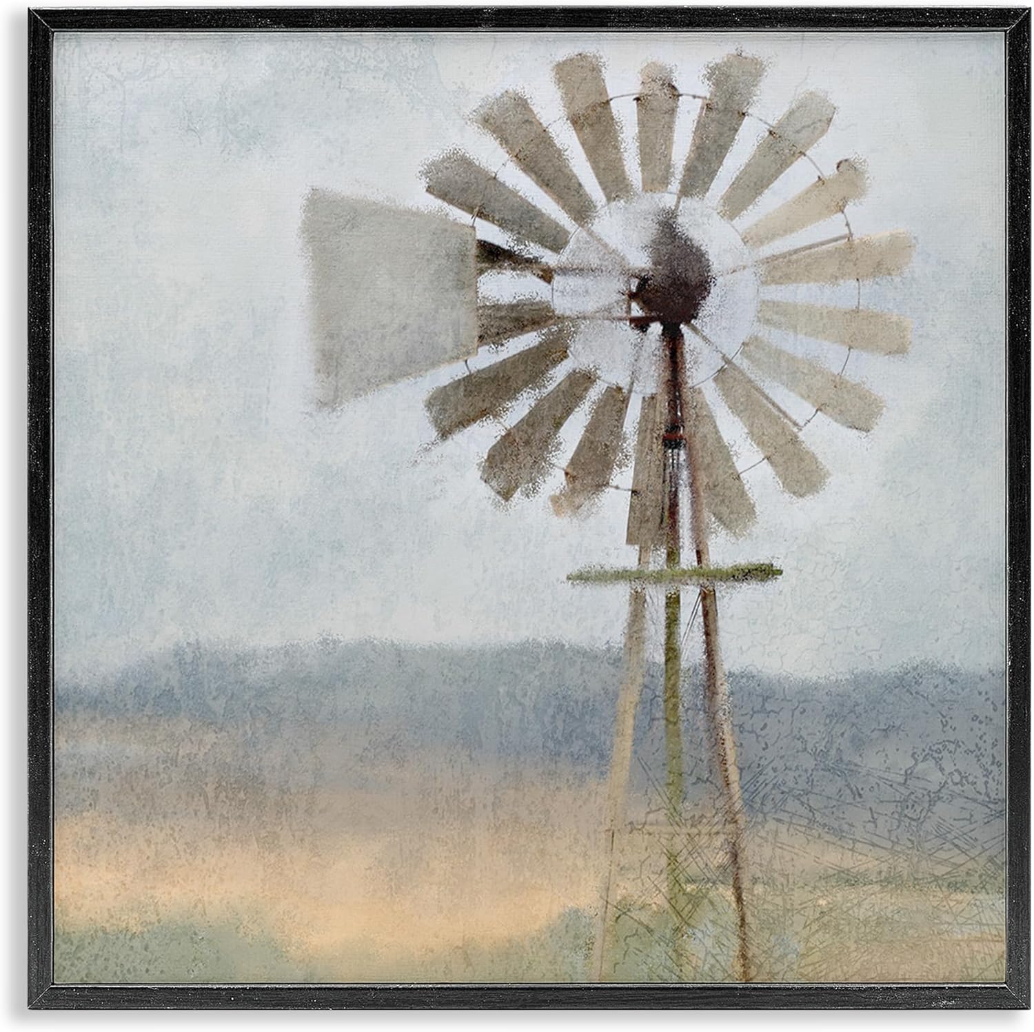 Neutral Blue Windmill Breeze Farmhouse Landscape Canvas Print with Black Wood Frame