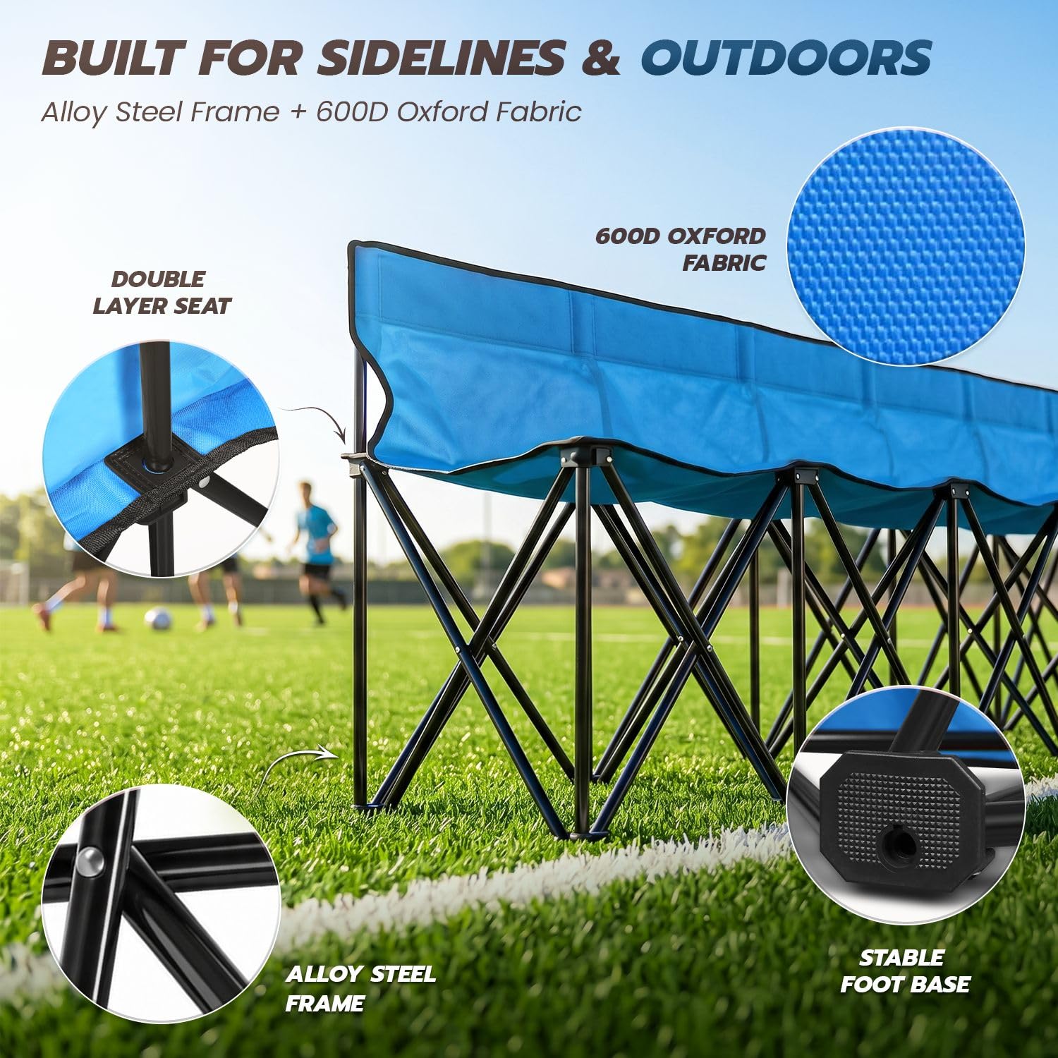 Flexzion Banc Pliant Portable 6 Places, Banc de Football Pliable, sièges Portables pour Gradins, Camping et Bord de Touche, avec Dossier et Sac de Transport, Bleu
