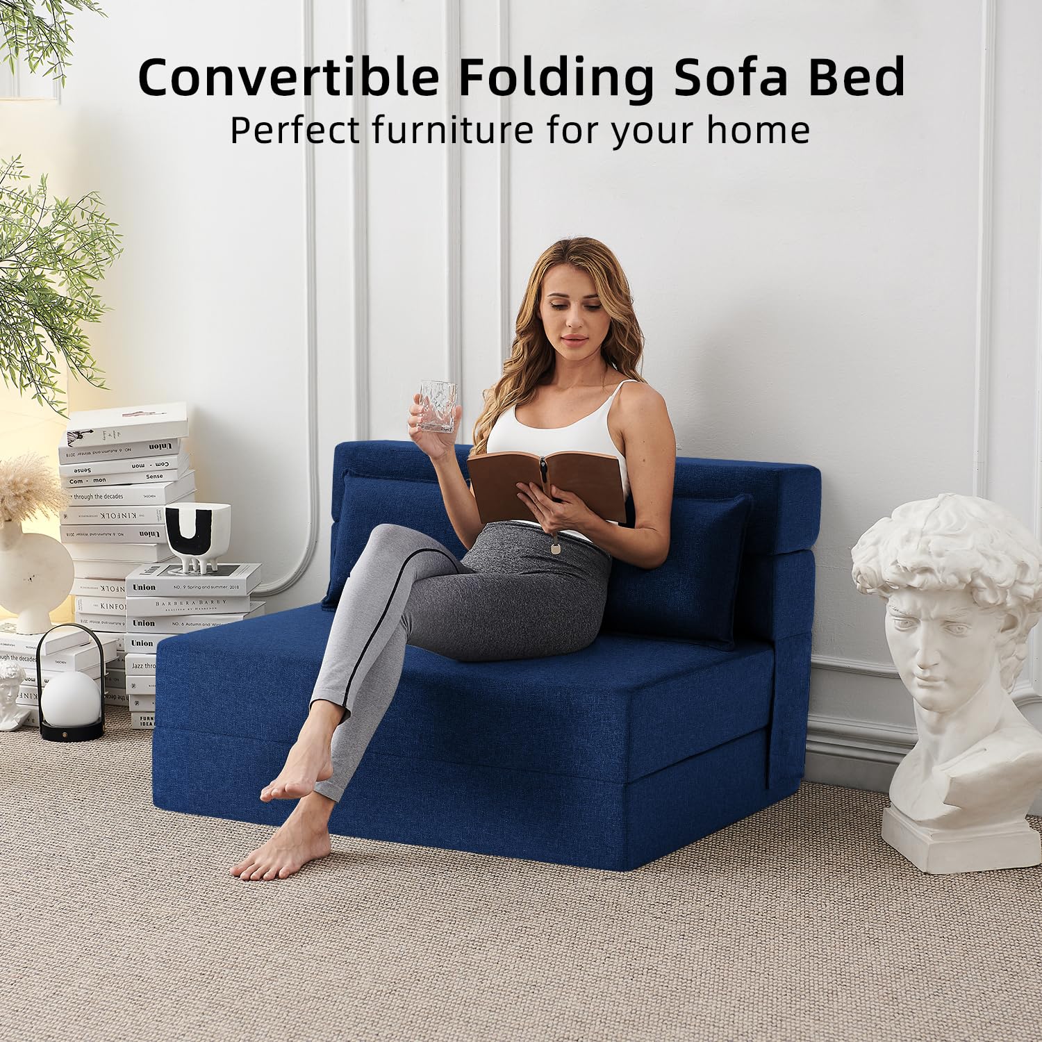 FILUXE Folding Sofa Bed | Convertible Sleeper Chair Bed for Adults, Fold Out Chair to Bed Linen Futon Chair with Pillow, for Home Dorm Apartment RV Living Room, Standard Size, Navy Blue