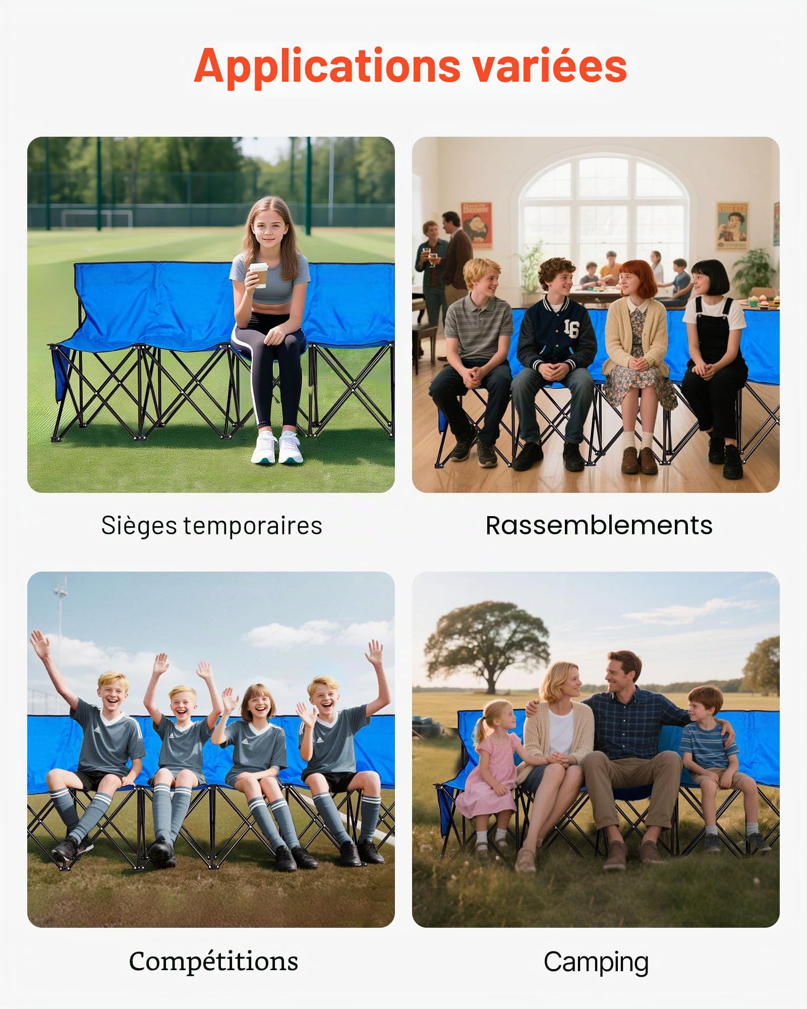 VEVOR Banc Pliant Portable à 8 Places, Banc de Camping Pliable avec Poches de Rangement et Sac de Transport, siège latéral léger avec Dossier pour Football, Baseball et événements en Plein air, Bleu
