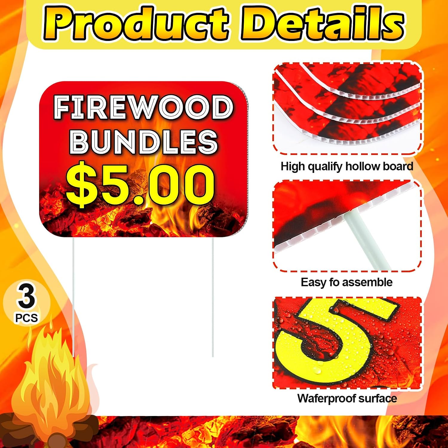 Leinuosen 3 Pcs Firewood Bundles Yard Signs 16 x 12 Inches Firewood Bundles Advertising Road Sign Double Sided Yard Decoration with Stakes for Outdoor Business and Events Publicity
