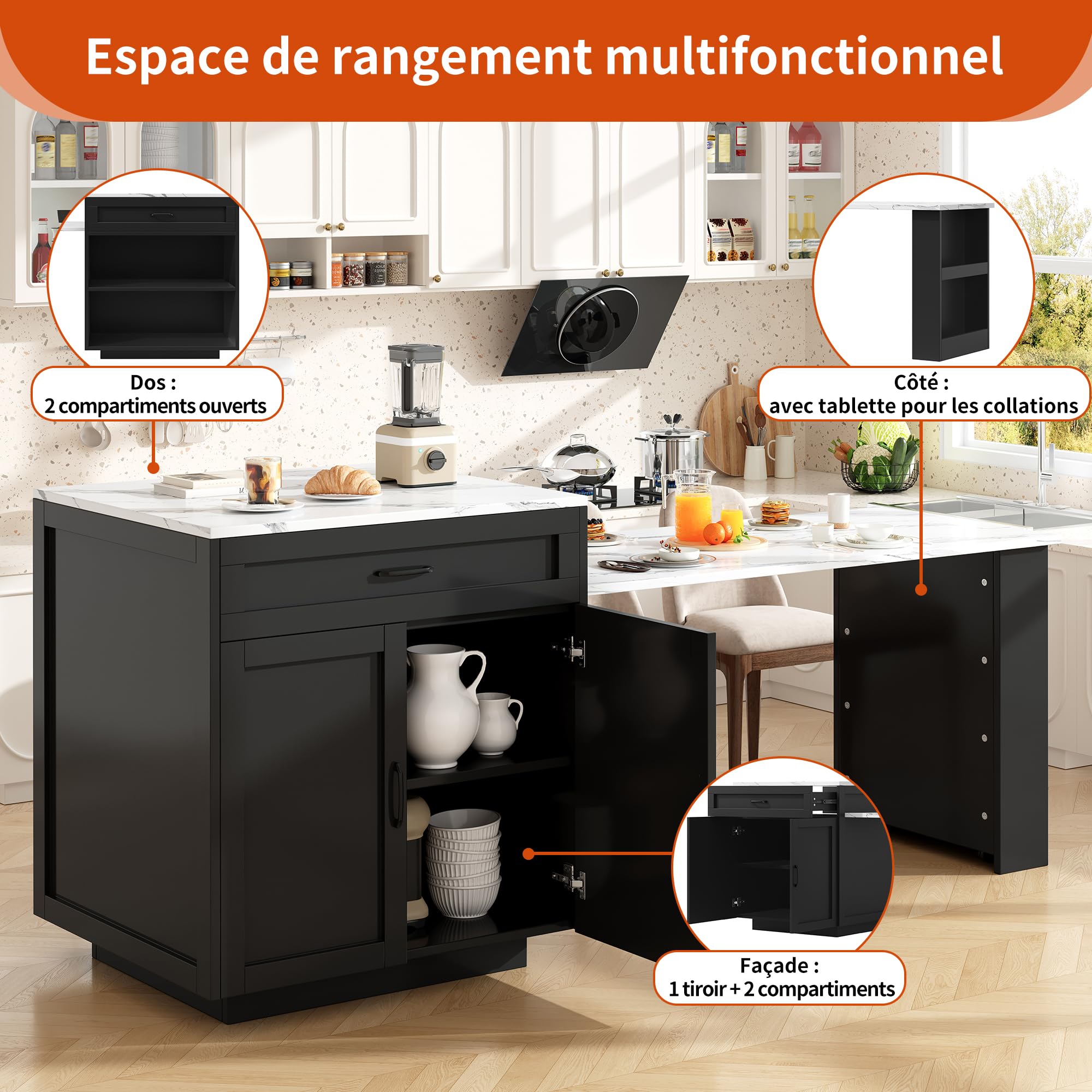 Îlot Central Cuisine sur roulettes avec Table Extensible 2-6 Personnes 133-202cm, Meuble Cuisine avec Plan de Travail, Desserte de Cuisine avec Plateau Effet Marbre Haut de Gamme