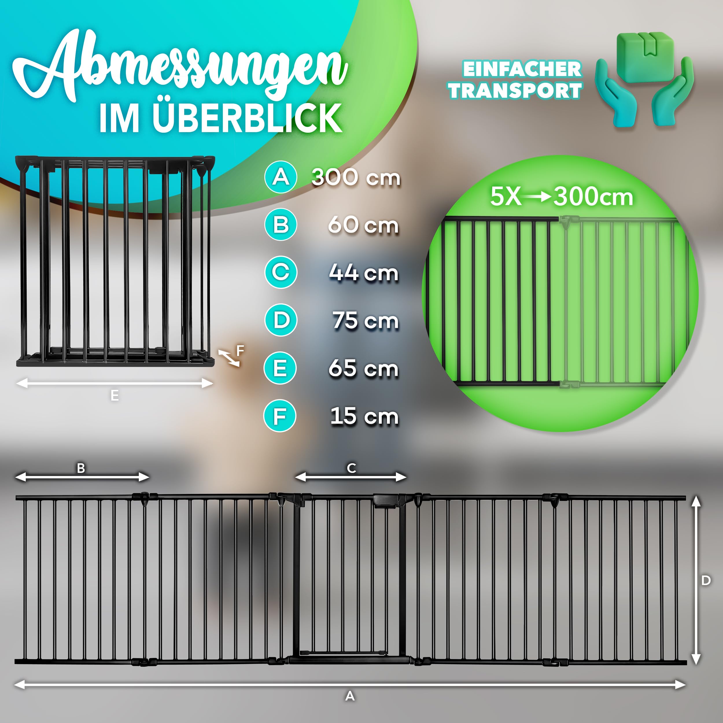 KIDUKU Kaminschutzgitter mit Tür Metall 300 cm faltbar Absperrgitter Ofenschutzgitter 5 Elemente Schwarz