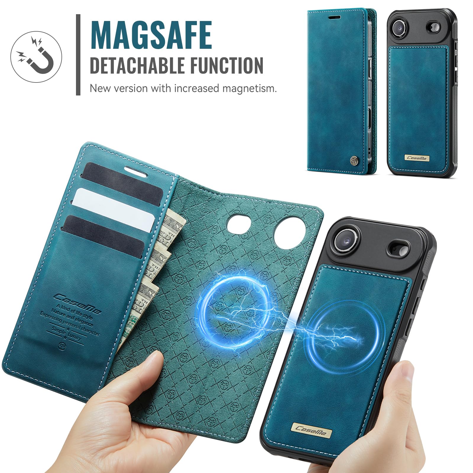 Etui portfelowe na iPhone'a 17 Air z 3 przegródkami na karty i przegródkami na gotówkę, magnetyczne zamknięcie z klapką, odłączany magnetyczny design 2 w 1, kompatybilne z Magsafe - zielone