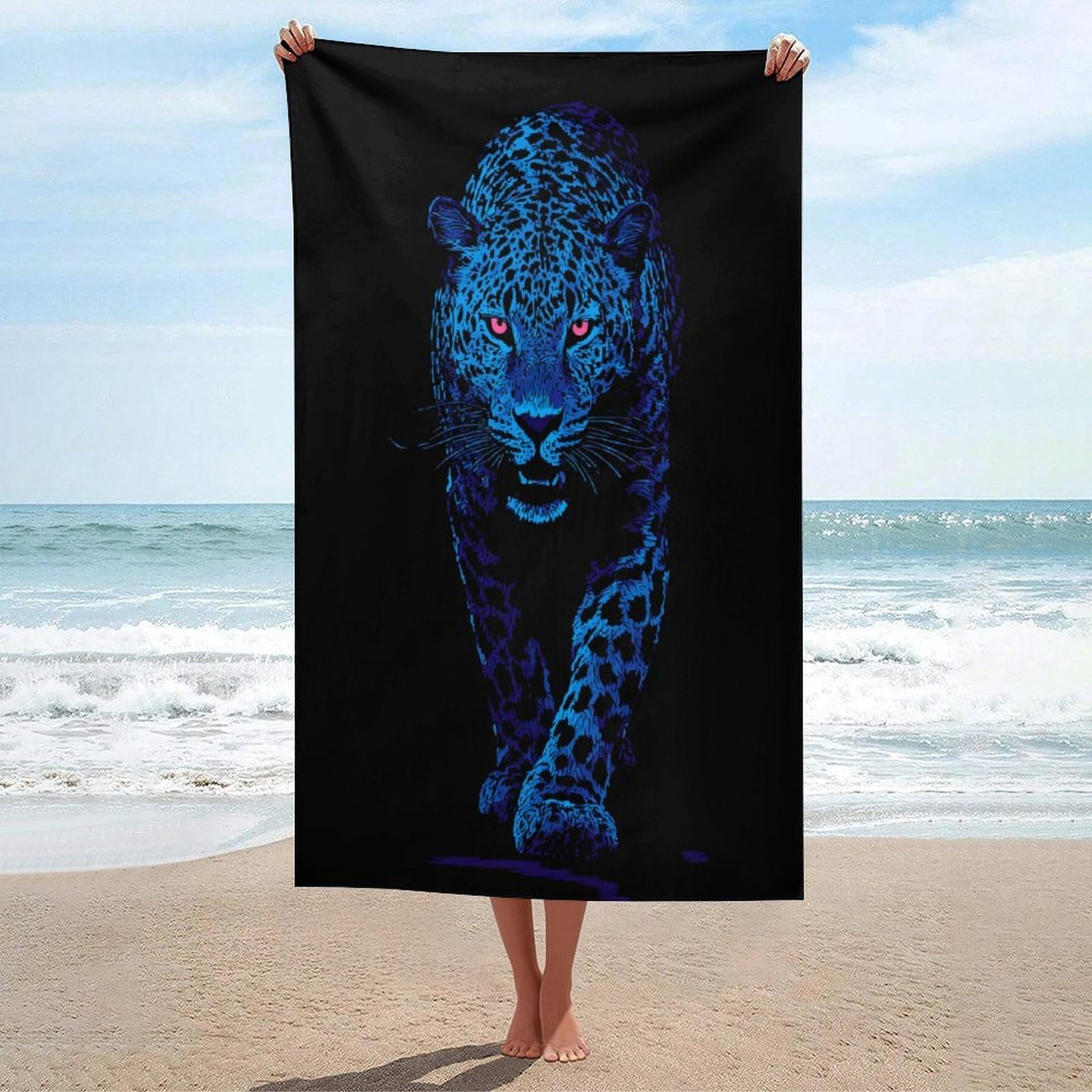 LSRCPD Neon Blue Leopard Beach Towel Sand Free Microfiber Large Shower Towels Multipurpose Absorbent for Bathroom Pool 130x80 CM