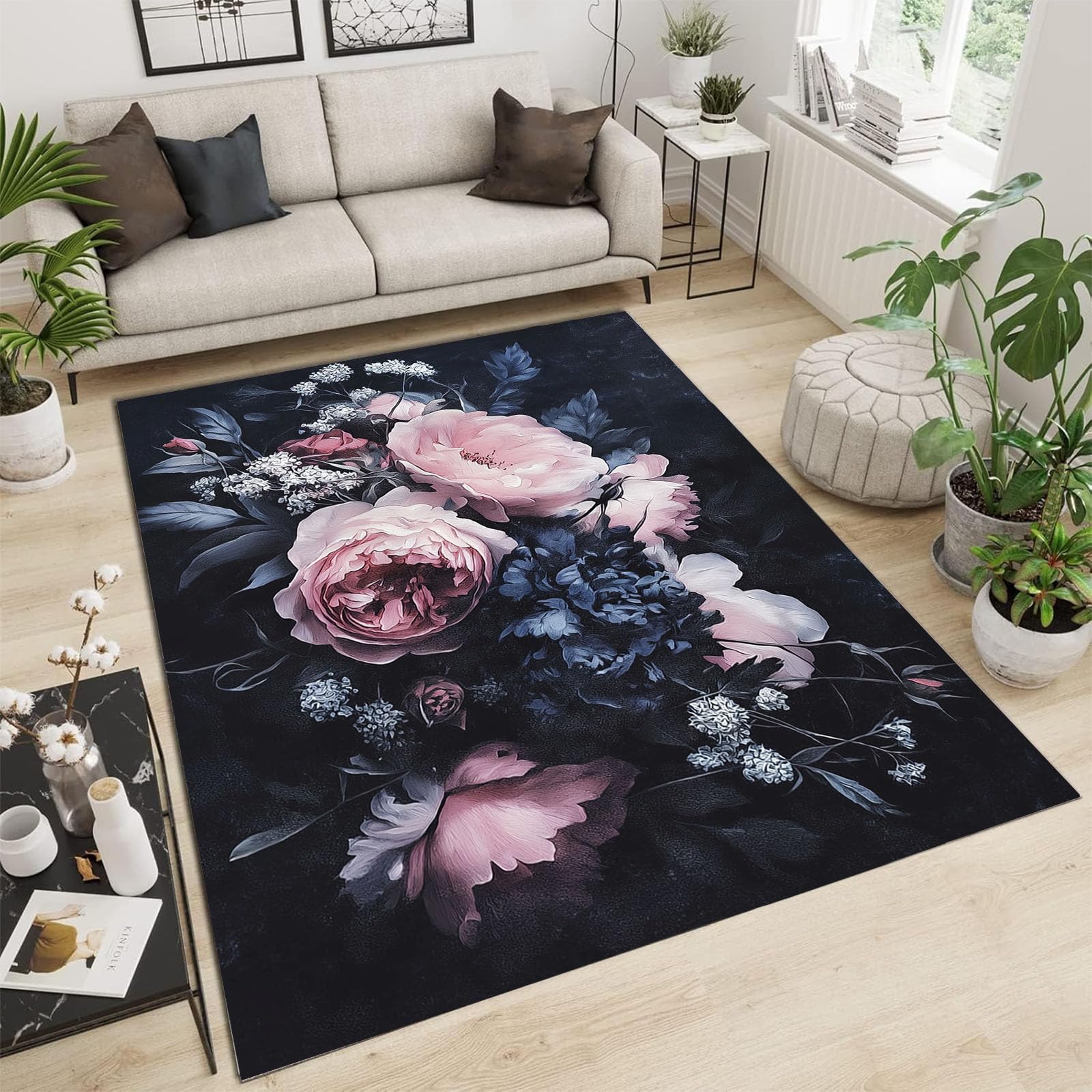 Tapis de salon motif rose et pivoine rétro pour créer un coin repas cosy