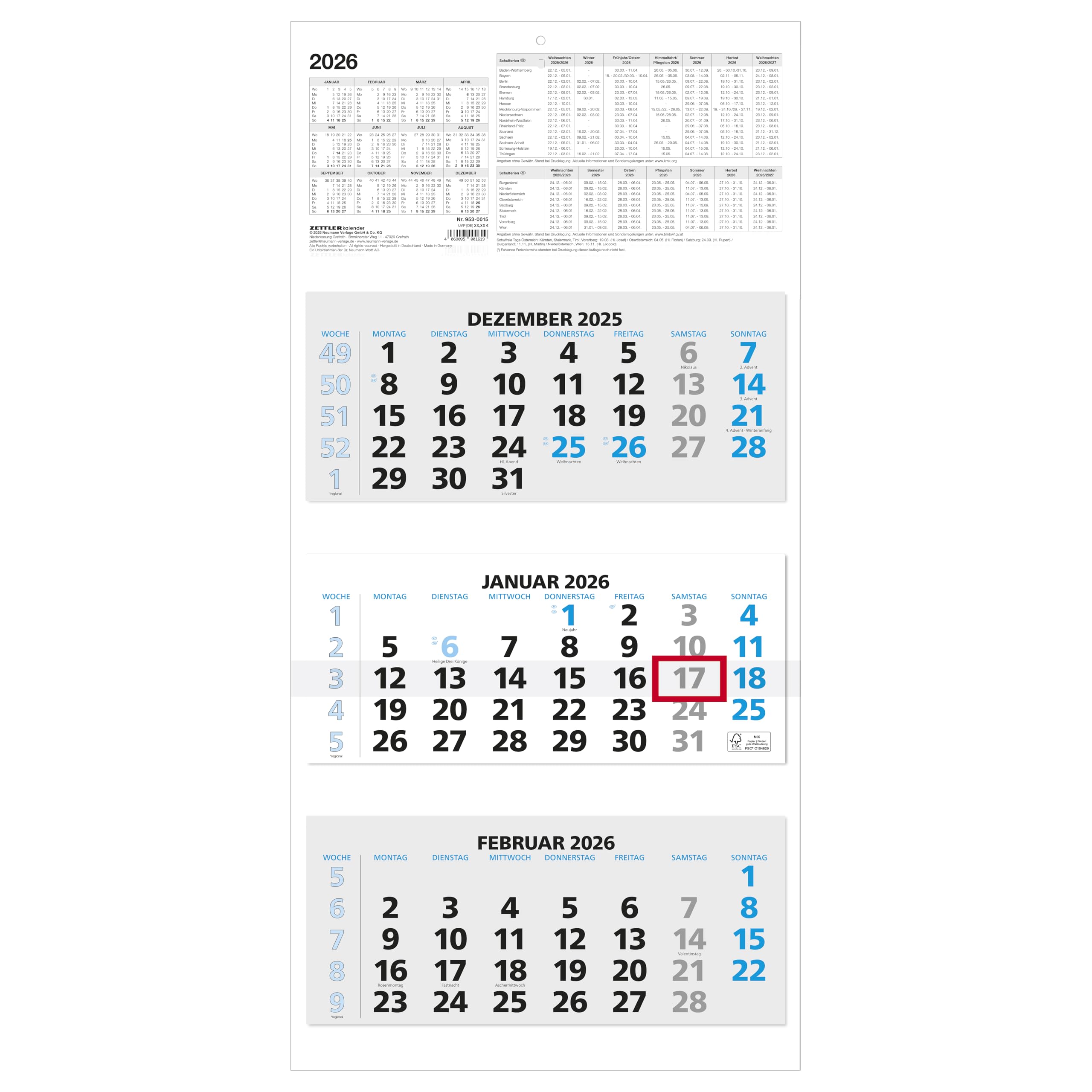 Produktbild von TOBJA 3-Monatskalender 2026 – Wandkalender Blau Mit Datumsschieber, Feiertage & Wochenzählung