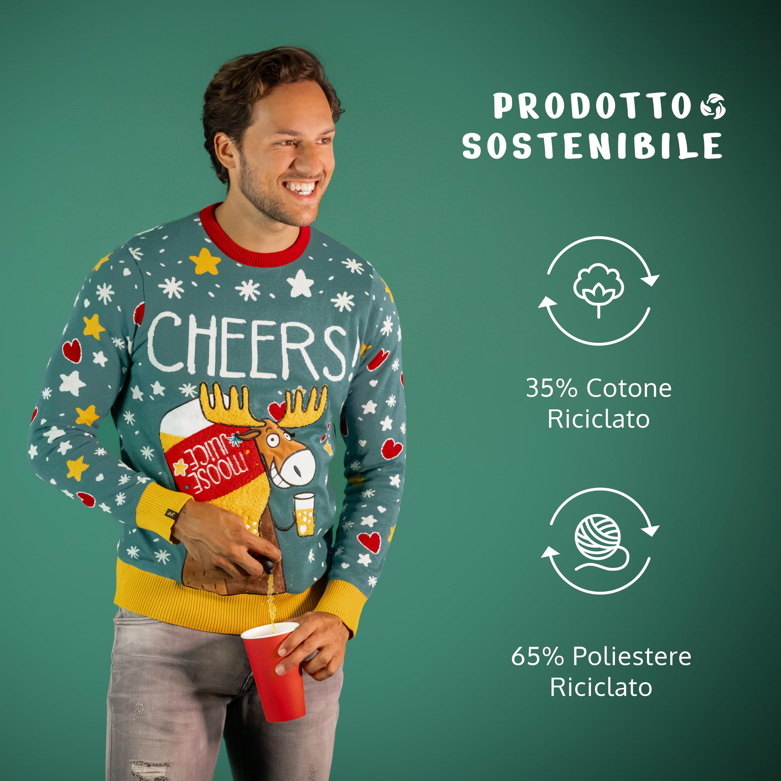JAP Christmas - Maglione Natalizio - Cheers! - vestibilità Perfetta Senza prurito - L