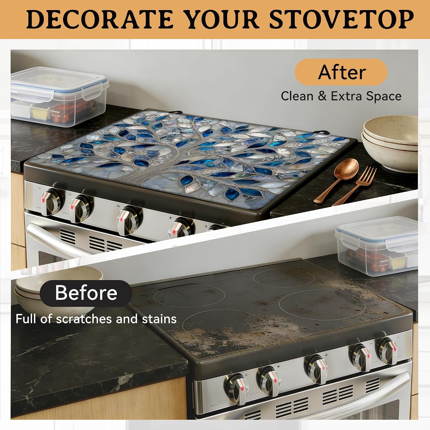 Glass Tree of Life Stove Top Covers for Electric Stove, 28"x20" Heat Resistant Glass Cooktop Cover, Vintage Kitchen Decor for Countertop, Washer Dryer Top