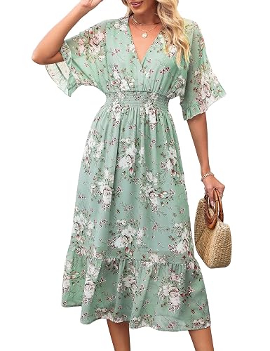 Meetrendi Women's Spring Summer 2025 Floral Midi Dress A Line Chiffon Boho Casual Short Sleeve Long Beach Dresses - Large - Mintgreen