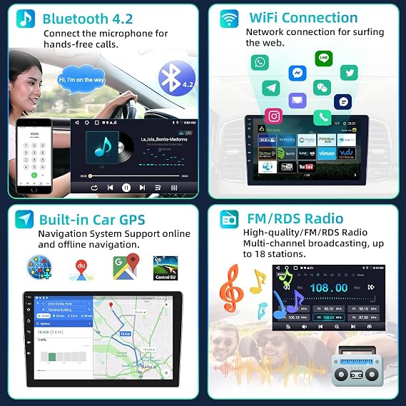 Podofo 2+32G Double Din Car Stereo with Wireless Apple Carplay Android Auto 10.1 Inch Touchscreen Android Radio Supports GPS Navigation, WiFi, RDS, Split Screen + Backup Camera & Mic