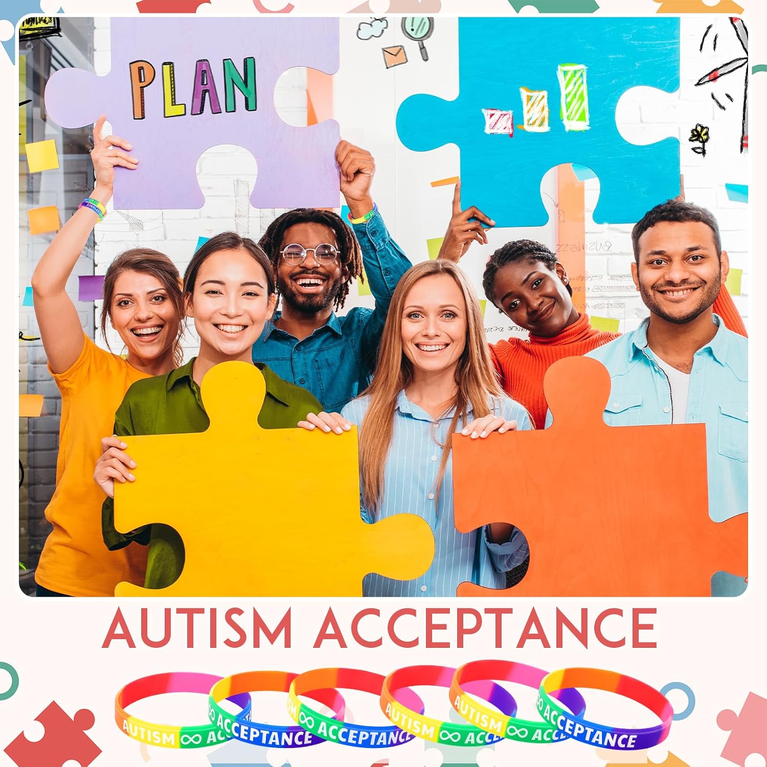 50 Pcs Autism Awareness Silicone Bracelet Inspirational Bracelet Colorful Puzzle Pieces Ribbons Stretch Wristbands for Women Men Gifts, Autism Awareness Accessories Rubber Wristbands Bulk - Image 5