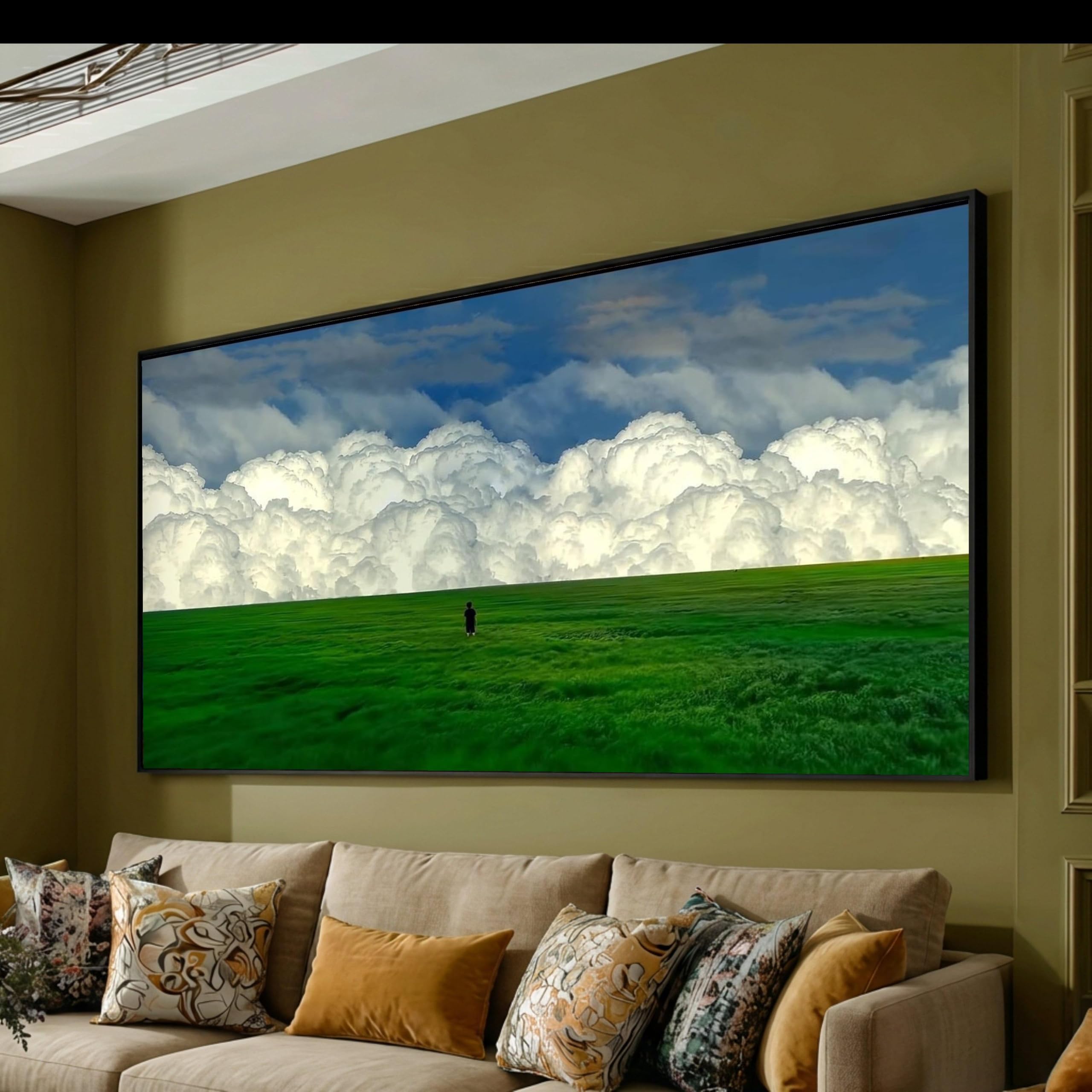 TONGYINLI Green Field Art Canvas Prints, Towering Clouds Canvas Oil Painting, Nature Landscape Wall Art(65x120cm/Internal Frame)