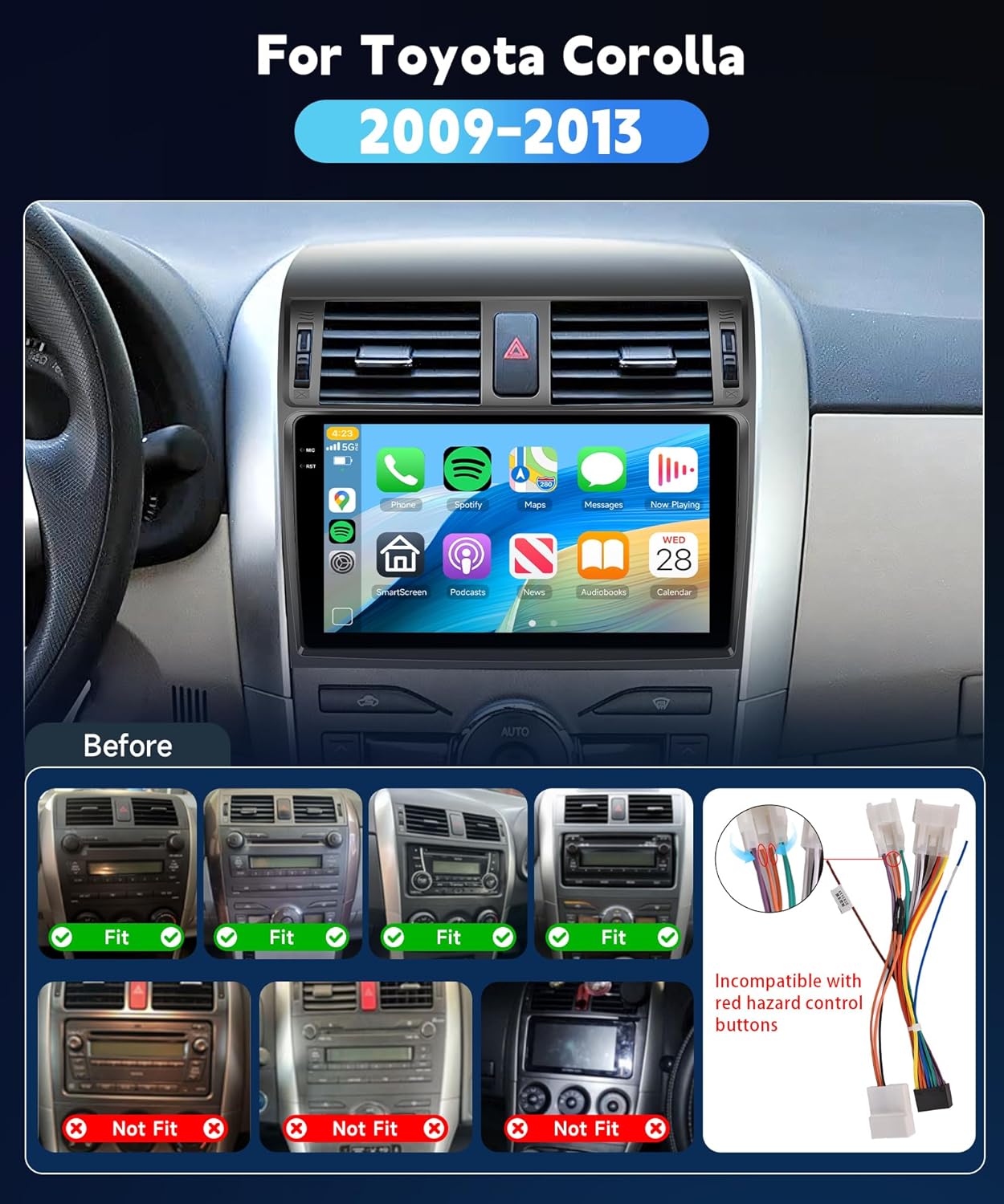 8Core4+64G Car Stereo for Toyota Corolla 2009-2013 Wireless CarPlay/Android Auto Android Radio with Qualcomm 9" IPS Touch Screen,BT5.1,DSP Hi-Res,GPS,SWC,Backup Camera for Toyota Corolla Radio