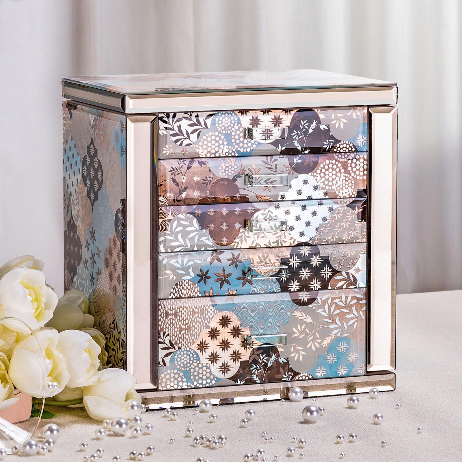 High End Glass Jewelry Box 5 Layer Jewelry Organizer for Women Side Doors Mirror Velvet-Lined Storage for Rings